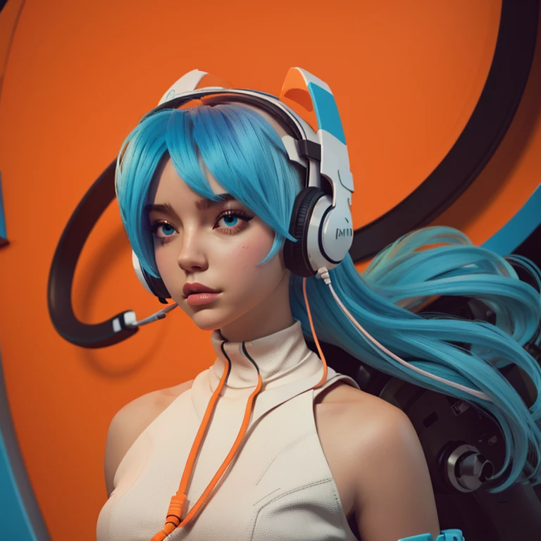 Girl with Blue hair wearing big headphones in Orange and White Pastel Dreamlike Whimsy Cool Futuristic Minimalism, Waifu Style