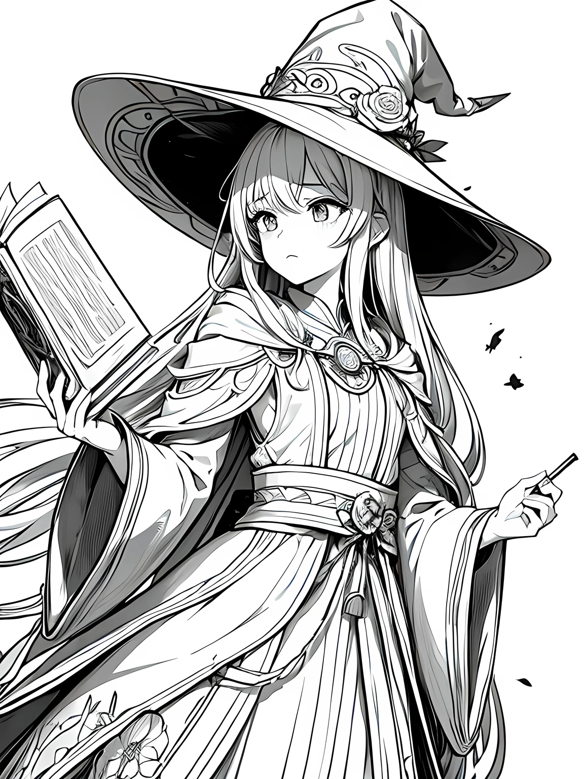 Create a coloring page with a white background and detailed floral designs. The outlines should be thick and easy to color within.,Line art background, background, Monochrome, Line art, ((sketch)),Highest quality,masterpiece,monochrome,Lineart,single color,Create a detailed coloring page,Girl、Big eyes、A long robe with wide sleeves and a hem、Large hood、Pointed hat、Mysterious Aura、A cloak decorated with a magic circle emblem、Amulet、pendant、A wand inlaid with gems and magical runes、book of magic、Magic Ring、Portion、belt、incantation、magic theory、Curious、High concentration、Calm、Theoretical、Calculating、mysterious、Elemental Magic、Powerful incantation、magic theory、Witch Hat