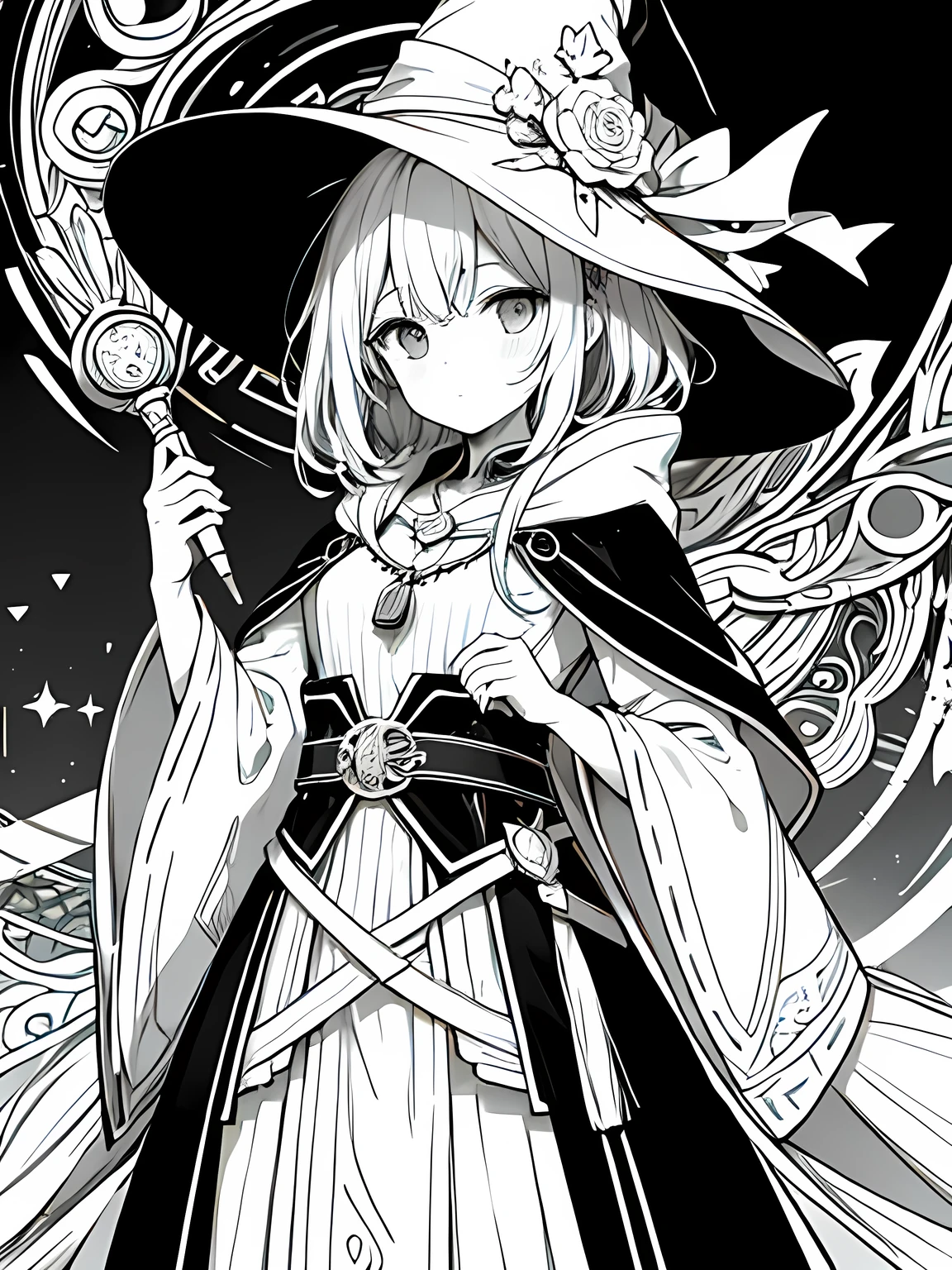 Create a coloring page with a white background and detailed floral designs. The outlines should be thick and easy to color within.,Line art background, background, Monochrome, Line art, ((sketch)),Highest quality,masterpiece,monochrome,Lineart,single color,Create a detailed coloring page,Girl、Big eyes、A long robe with wide sleeves and a hem、Large hood、Pointed hat、Mysterious Aura、A cloak decorated with a magic circle emblem、Amulet、pendant、A wand inlaid with gems and magical runes、book of magic、Magic Ring、Portion、belt、incantation、magic theory、Curious、High concentration、Calm、Theoretical、Calculating、mysterious、Elemental Magic、Powerful incantation、magic theory、Witch Hat