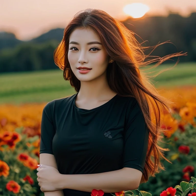 Close-up of woman in dark black shirt,Posing for pictures, black shirt, wearing The shirt is tight., beautiful woman wearing a tight black t-shirt with a cropped waist, ponytail, in the flower field, Girl forehead in a field of flowers, girl, Photo of a beautiful woman, Asian girlที่สวยงาม, woman ยืนin the flower field, ยืนin the flower field, attractive woman, Girl in a field of flowers, ยืนin the flower fieldAsian girl, The shirt is tight., Beautiful Asian woman, The beautiful female jade tailor, Portrait of Sophie Mudd, Wear a cute shirt., jaw-dropping beauty, Asian girl, asian woman, Better known as Amaranth., beautiful body and face, Stunning beauty