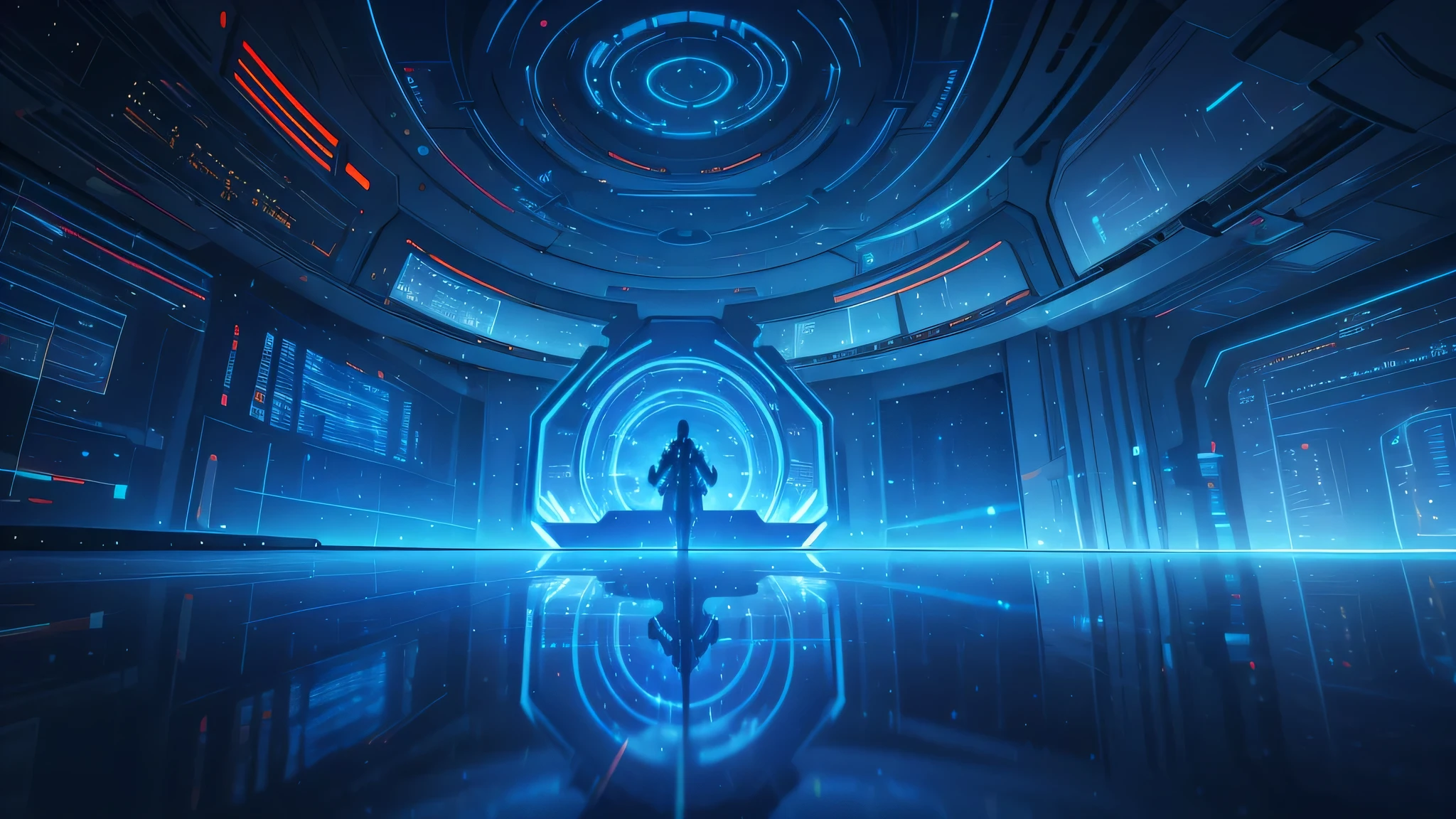 realistic cinematic high quality 8k digital art, symmetric futuristic data center, blue glowing holographic screens, floating particles, abstract technology, no people, cinematic lighting, digital art, focus on capturing the atmosphere of the future, symmetrical composition