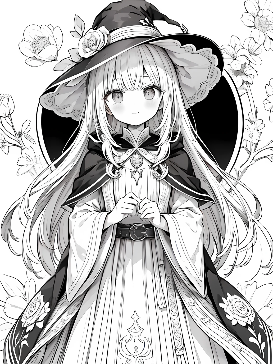 Create a coloring page with a white background and detailed floral designs. The outlines should be thick and easy to color within.,Line art background, background, Monochrome, Line art, ((sketch)),Highest quality,masterpiece,monochrome,Lineart,single color,Create a detailed coloring page,Girl、Big eyes、A long robe with wide sleeves and a hem、Large hood、Pointed hat、Mysterious Aura、A cloak decorated with a magic circle emblem、Amulet、pendant、A wand inlaid with gems and magical runes、book of magic、Magic Ring、Portion、belt、incantation、magic theory、Curious、High concentration、Calm、Theoretical、Calculating、mysterious、Elemental Magic、Powerful incantation、magic theory、Witch Hat,smile