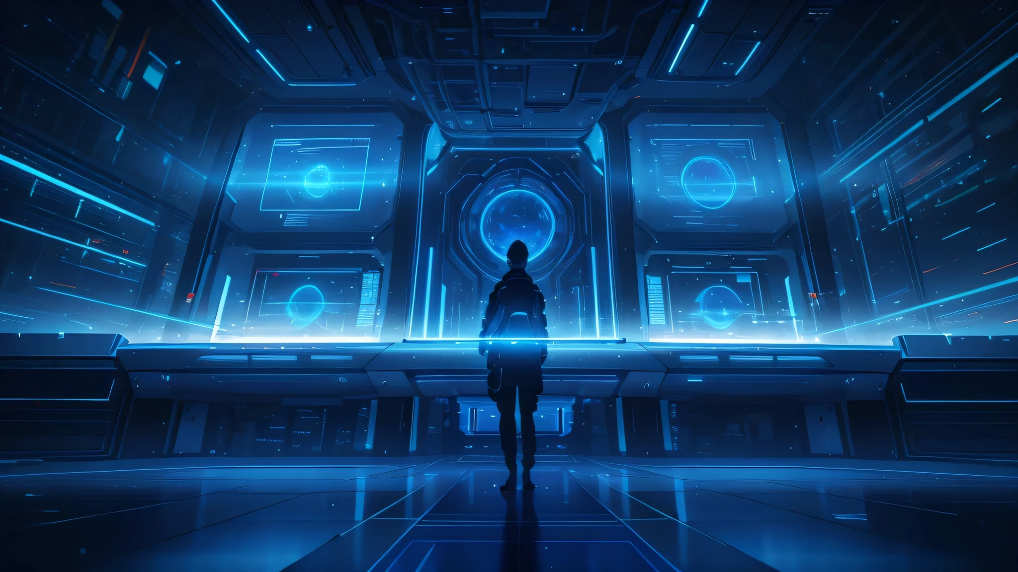realistic cinematic high quality 8k digital art, symmetric futuristic data center, blue glowing holographic screens, floating particles, abstract technology, no people, cinematic lighting, digital art, focus on capturing the atmosphere of the future, symmetrical composition