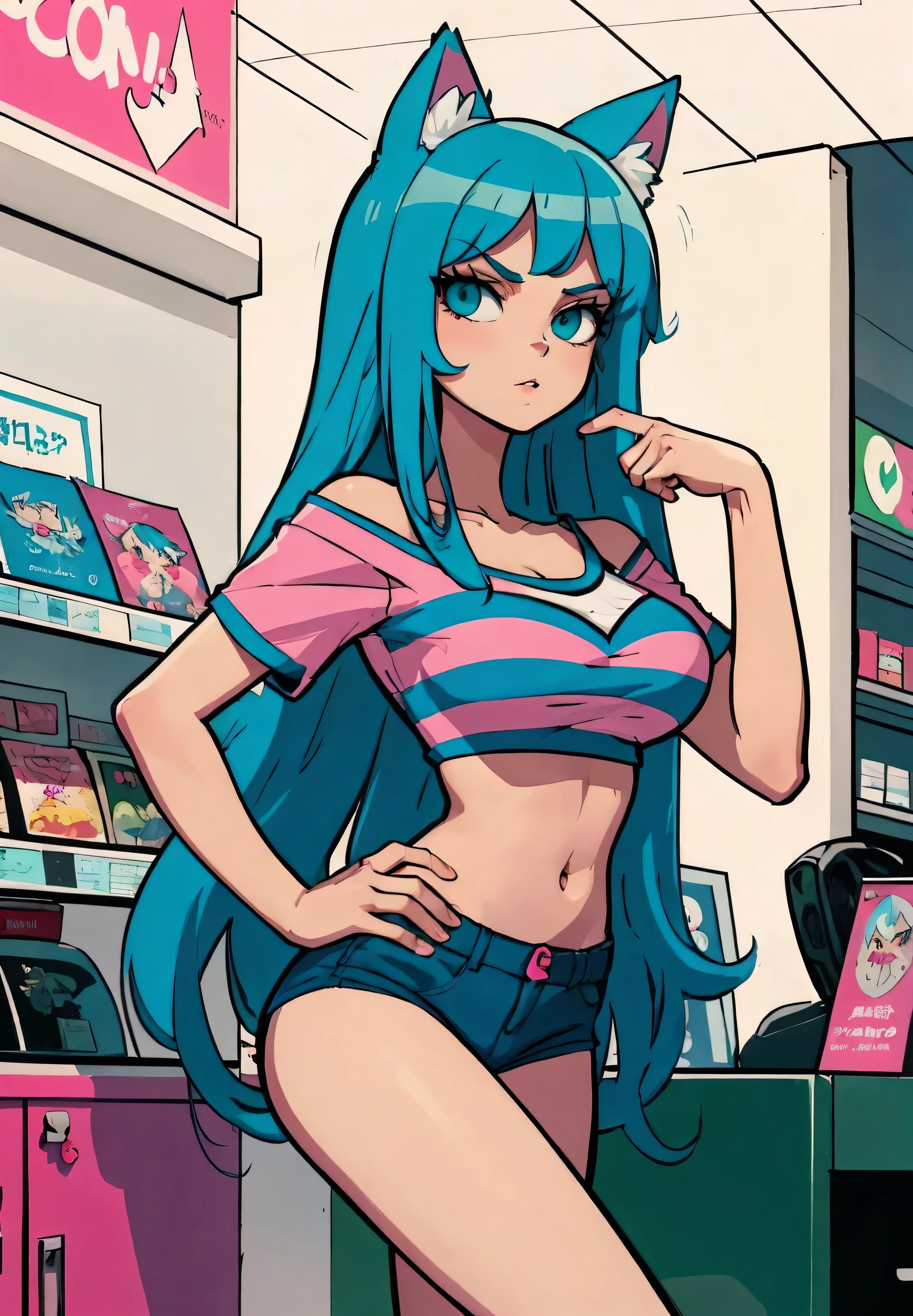 a close up of a cartoon of a woman in a store, anime girl with teal hair, in the art style of 8 0 s anime, seductive anime girl, 2 d anime style, mikudayo, anime moe artstyle, 8 0 s anime art style, retro anime girl, miku, hatsune miku, anime girl, anime style 4 k, in an anime style