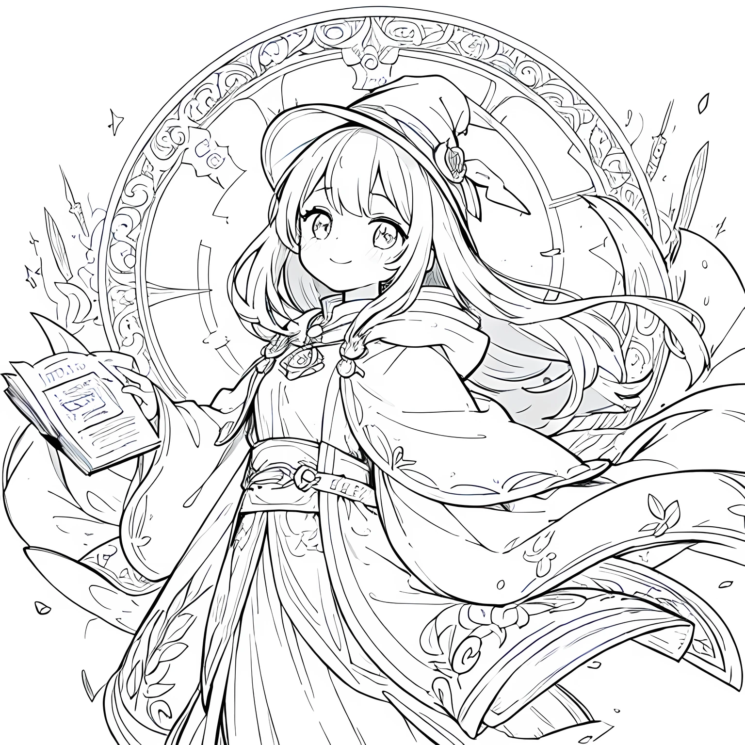 Create a coloring page with a white background and detailed floral designs. The outlines should be thick and easy to color within.,Line art background, background, Monochrome, Line art, ((sketch)),Highest quality,masterpiece,monochrome,Lineart,single color,Create a detailed coloring page,Girl、Big eyes、A long robe with wide sleeves and a hem、Large hood、Pointed hat、Mysterious Aura、A cloak decorated with a magic circle emblem、Amulet、pendant、A wand inlaid with gems and magical runes、book of magic、Magic Ring、Portion、belt、incantation、magic theory、Curious、High concentration、Calm、Theoretical、Calculating、mysterious、Elemental Magic、Powerful incantation、magic theory、Witch Hat,smile