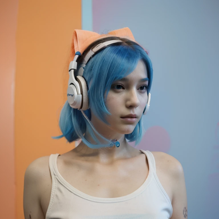 Girl with Blue hair wearing big headphones in Orange and White Pastel Dreamlike Whimsy Cool Futuristic Minimalism, Waifu Style