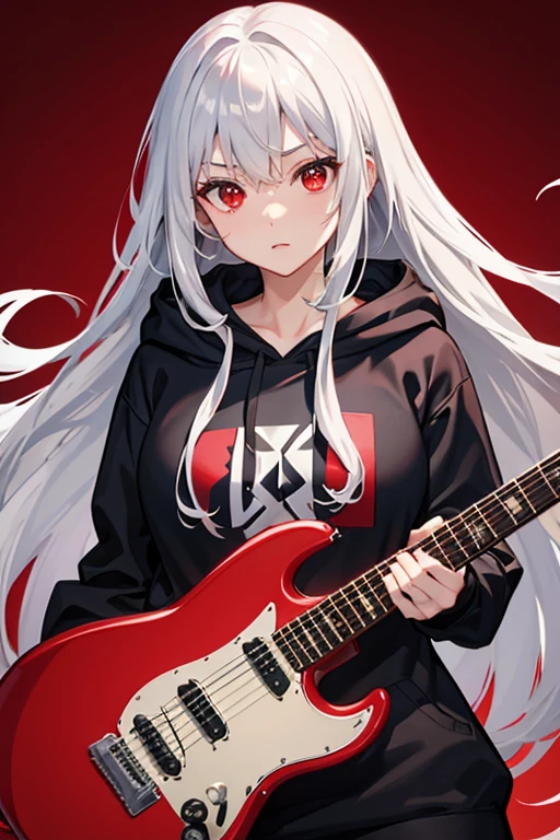background through, long hair、 straight hair、 silver hair girl, red eyes、 Super high quality, 8K、Upper body、 Red background、 Band vocals, ((black hoodie))、 Red Electric Guitar、 ((big tits)), Young face