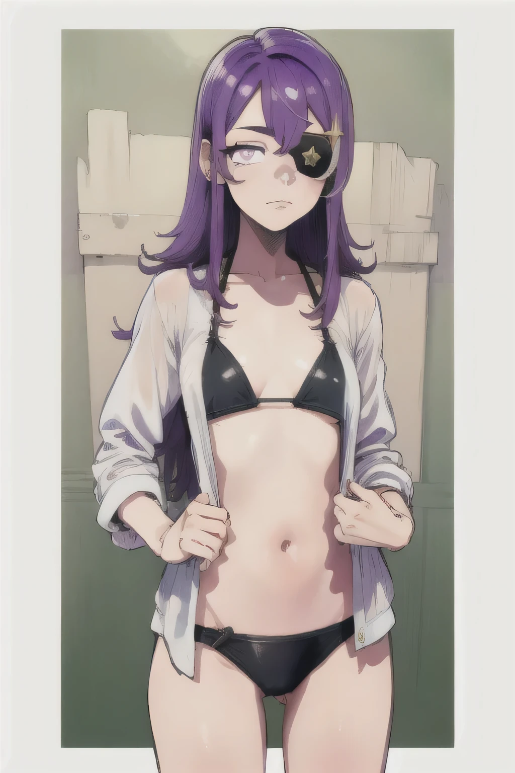 masterpiece, Best quality,  1 Girl, purple hair, long hair, eye patch, Purple eyes,  Bikini under clothes, shirt