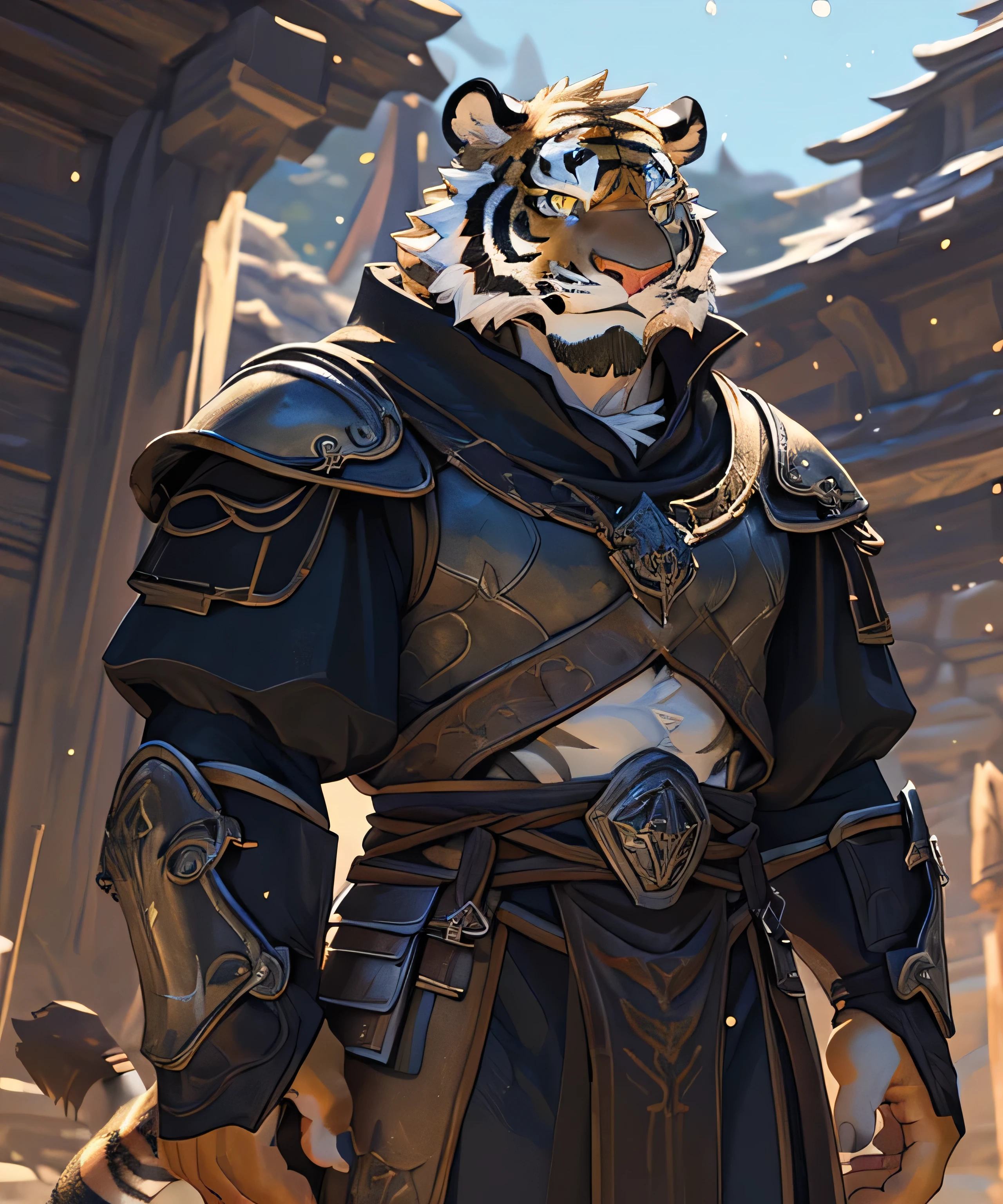 Solo, Kemono, (Tiger, Anthro, Male, (Orange and Black Stripe Fur), Yellow Eye Color, Fur, Tail, Muscles, Handsome, (White Chest Armor), Medieval, Fantasy, Gate, Kingdom, Outside, Outdoor, Sunny, Day, Gate Keeper, Guard, Smiling, Epic, Depth of Field, Perfect Lighting, (Light Particles), (Best Quality), (Masterpiece), (Ultra Detailed), Sharp Focus, Light particles, (Half Body Picture), Close Up Angle (Detailed Face Features) (Animated Artstyle)