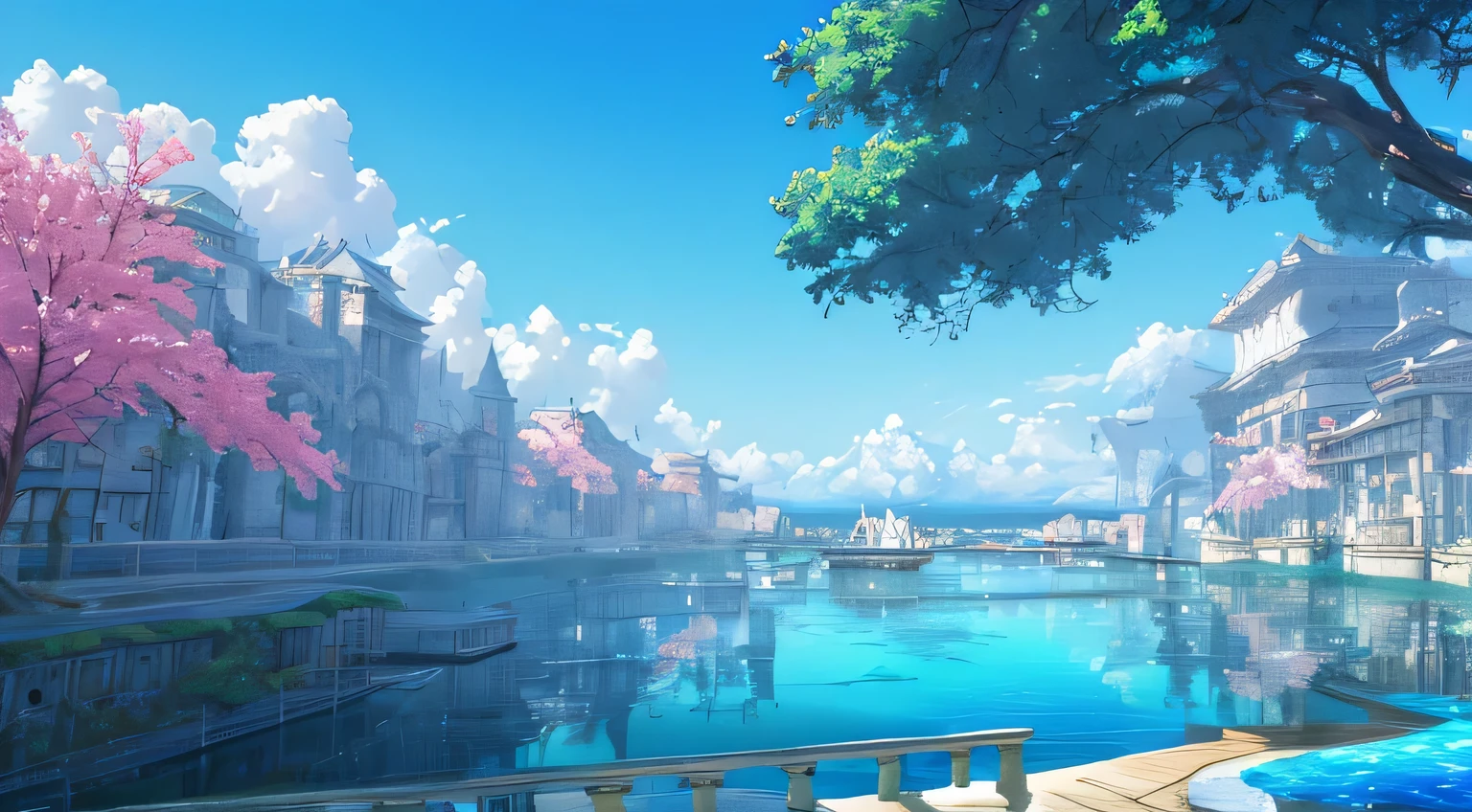 Masterpiece, high detail, 8K resolution, ConceptArt, scenery, water, sky, day, tree, cloud, nature, sea, ancient city of water, ancient waterway, ship harboring, blue sky, from above, Makoto Shinkai artstyle
