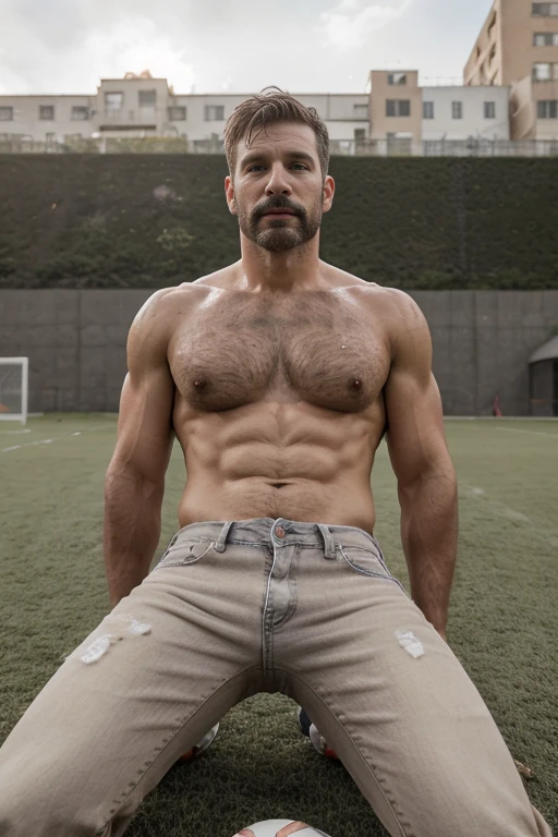 (((Muscular man))) masterpiece, best quality, high resolution, closeup portrait, male focus, solo focus, A man, 50 years old, grey hair, soccer player, football player, grey silver hair, messy hairstyle, cute and seductive face, bare chest, body hair, facial hair, roman nose, very skinny body, hairy legs, cute, dimples, goatee and mustache, bold jawline , full body, sweaty, in the background an outdoor soccer football field, view from below, amazing composition, , HDR, ultra quality, elegant, highly detailed,, beautiful asd, realisric male genitalia (((beige jeans))) (((front view)))