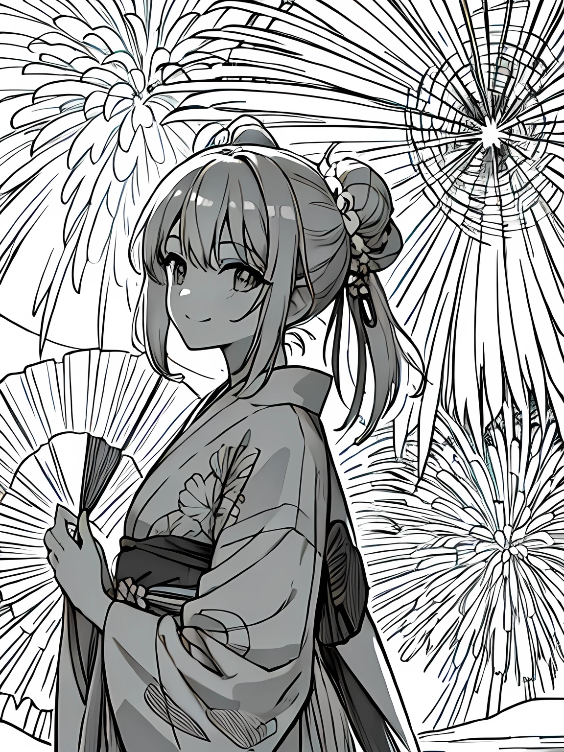 Create a coloring page with a white background depicting a picnic scene where people are watching fireworks. The scene should have distinct outlines and various elements like blankets, food, and fireworks,Create a coloring page with a white background and detailed floral designs. The outlines should be thick and easy to color within.,Line art background, background, Monochrome, Line art, ((sketch)),Highest quality,masterpiece,monochrome,Lineart,single color,Create a detailed coloring page,Girl、Big eyes、smile、yukata、Fan、firework、bun hairstyle,watching fireworks