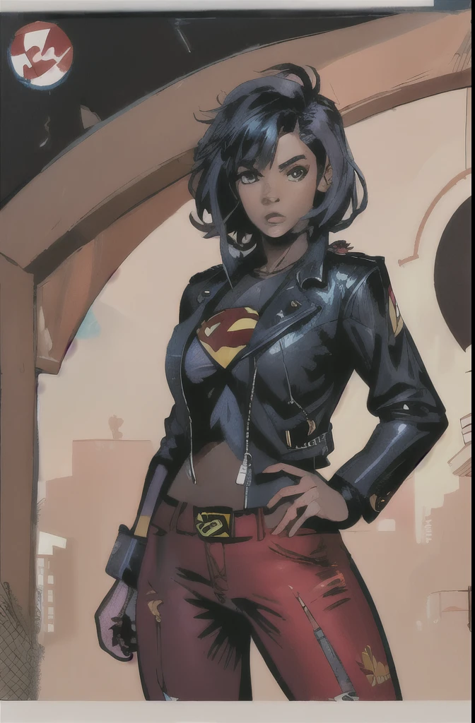 girl with short black hair, dark skin, black eyes, black shirt with red Superman symbol, wearing a black leather jacket, black hair and a feminine punk cut. She dresses like a rebel. Comic book drawing style