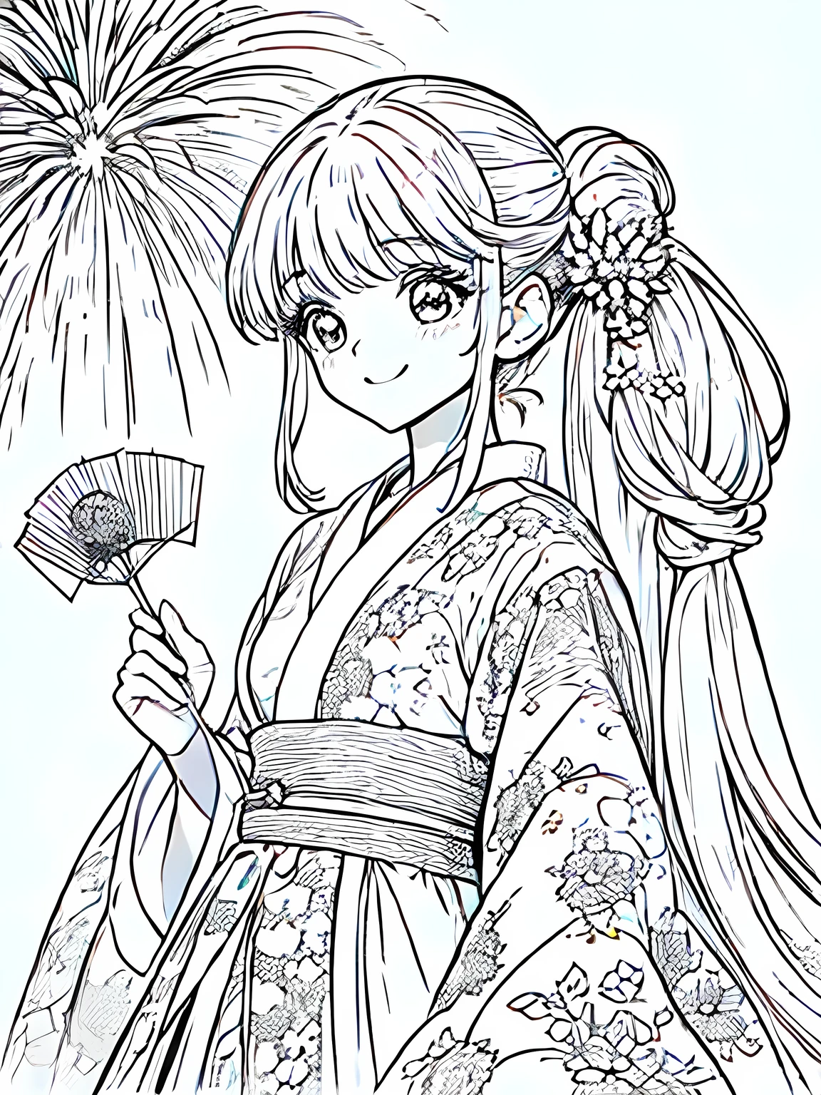 Create a coloring page with a white background depicting a picnic scene where people are watching fireworks. The scene should have distinct outlines and various elements like blankets, food, and fireworks,Create a coloring page with a white background and detailed floral designs. The outlines should be thick and easy to color within.,Line art background, background, Monochrome, Line art, ((sketch)),Highest quality,masterpiece,monochrome,Lineart,single color,Create a detailed coloring page,Girl、Big eyes、smile、yukata、Fan、firework、bun hairstyle,watching fireworks