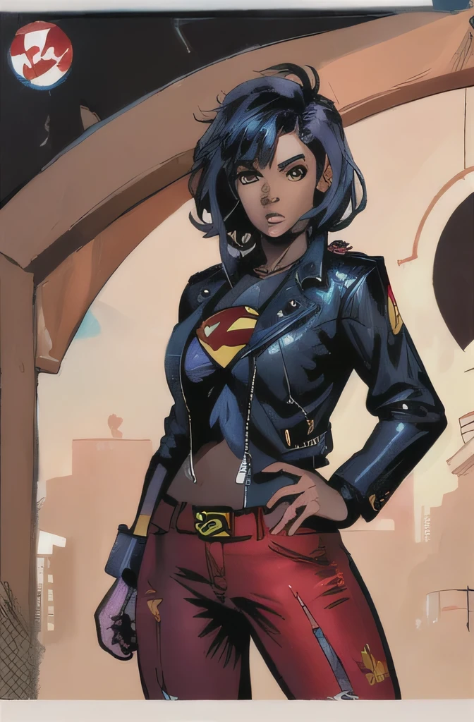 girl with short black hair, dark skin, black eyes, black shirt with red Superman symbol, wearing a black leather jacket, black hair and a feminine punk cut. She dresses like a rebel. Comic book drawing style