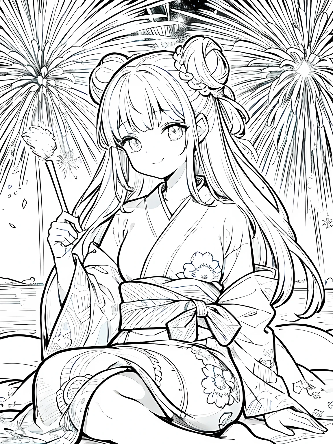 Create a coloring page with a white background depicting a picnic scene where people are watching fireworks. The scene should have distinct outlines and various elements like blankets, food, and fireworks,Create a coloring page with a white background and detailed floral designs. The outlines should be thick and easy to color within.,Line art background, background, Monochrome, Line art, ((sketch)),Highest quality,masterpiece,monochrome,Lineart,single color,Create a detailed coloring page,Girl、Big eyes、smile、yukata、Fan、firework、bun hairstyle,watching fireworks
