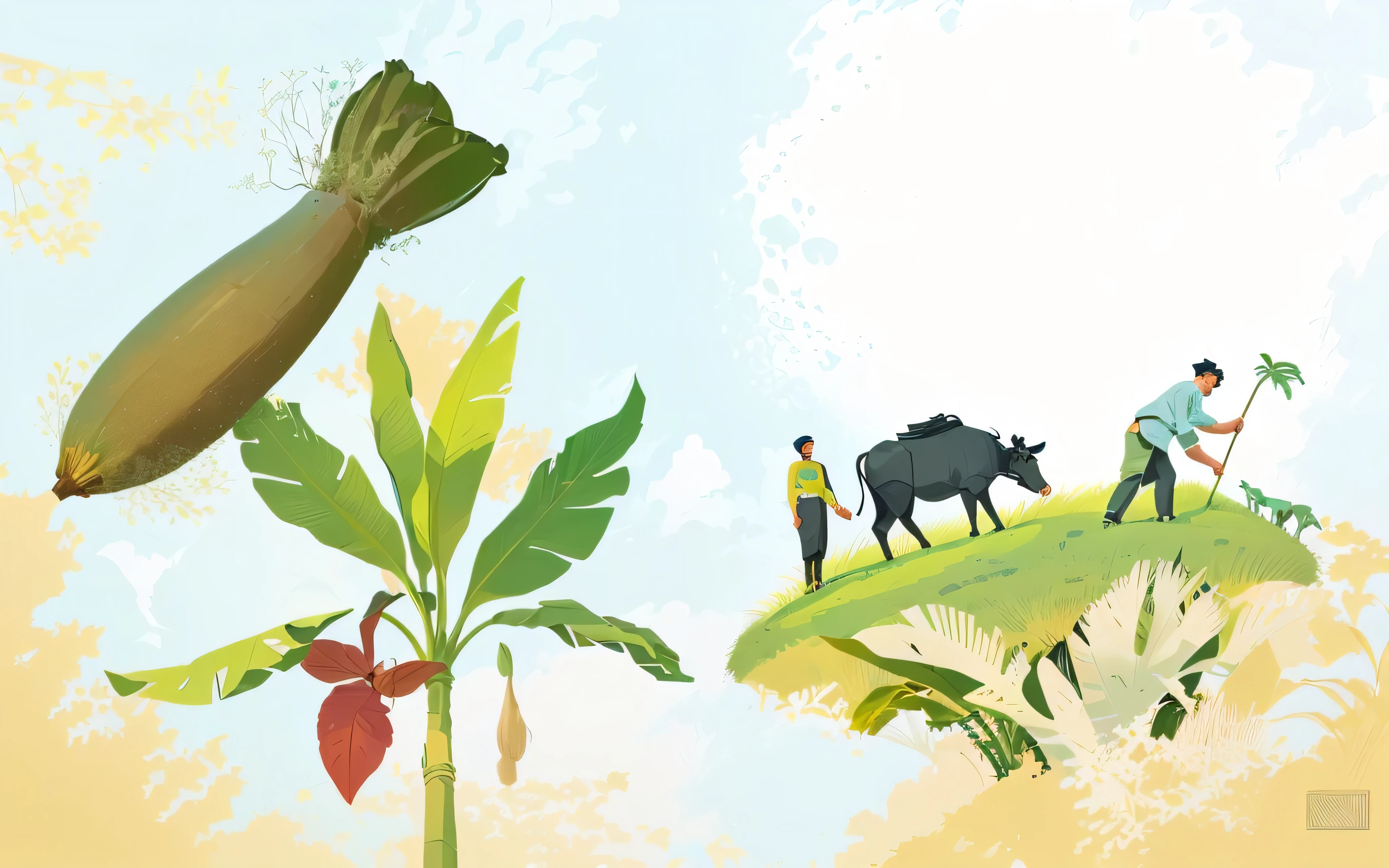 illustration of a man standing on a hill with a banana tree and a cow, an illustration, an illustration of, illustration!, a beautiful artwork illustration, graphic illustration, illustration, illustration”, stylized digital illustration, stylised illustration, full color illustration, simple illustration, hd illustration, by Odhise Paskali, by Saurabh Jethani, digital illustration