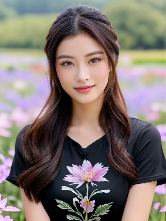 Close-up of woman in dark black shirt,Posing for pictures, black shirt, wearing The shirt is tight., beautiful woman wearing a tight black t-shirt with a cropped waist, ponytail, in the flower field, Girl forehead in a field of flowers, girl, Photo of a beautiful woman, Asian girlที่สวยงาม, woman ยืนin the flower field, ยืนin the flower field, attractive woman, Girl in a field of flowers, ยืนin the flower fieldAsian girl, The shirt is tight., Beautiful Asian woman, The beautiful female jade tailor, Portrait of Sophie Mudd, Wear a cute shirt., jaw-dropping beauty, Asian girl, asian woman, Better known as Amaranth., beautiful body and face, Stunning beauty