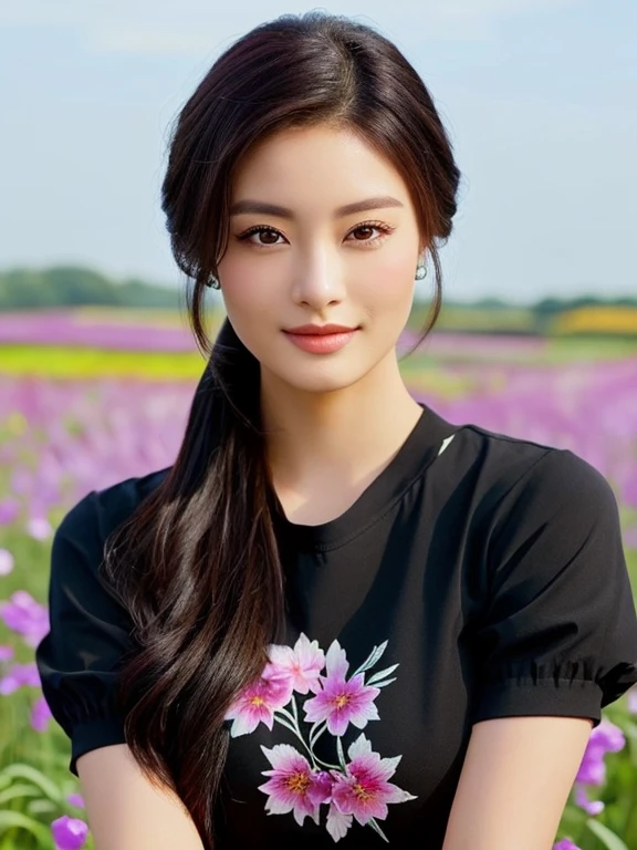 Close-up of woman in dark black shirt,Posing for pictures, black shirt, wearing The shirt is tight., beautiful woman wearing a tight black t-shirt with a cropped waist, ponytail, in the flower field, Girl forehead in a field of flowers, girl, Photo of a beautiful woman, Asian girlที่สวยงาม, woman ยืนin the flower field, ยืนin the flower field, attractive woman, Girl in a field of flowers, ยืนin the flower fieldAsian girl, The shirt is tight., Beautiful Asian woman, The beautiful female jade tailor, Portrait of Sophie Mudd, Wear a cute shirt., jaw-dropping beauty, Asian girl, asian woman, Better known as Amaranth., beautiful body and face, Stunning beauty
