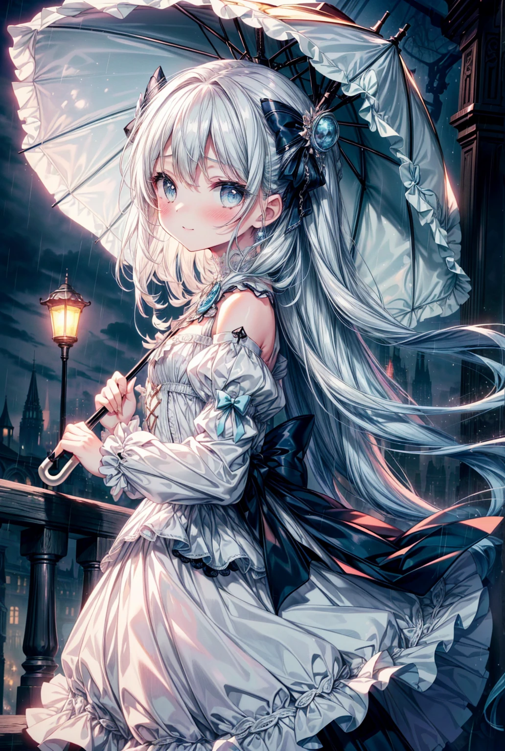 masterpiece, best quality, extremely detailed, (illustration, official art:1.1), 1 girl ,(((( light blue long hair)))), ,(((( light blue long hair)))),light blue hair, ,10 years old, long hair ((blush)) , cute face, big eyes, masterpiece, best quality,(((((a very delicate and beautiful girl))))),Amazing,beautiful detailed eyes,blunt bangs((((little delicate girl)))),tareme(true beautiful:1.2), sense of depth,dynamic angle,,,, affectionate smile, (true beautiful:1.2),,(tiny 1girl model:1.2),)(flat chest),Delicately portrayed hands, masterpieces, extremely detailed depiction, extremely delicate picture, 1girl, ((umbrella), (delicate umbrella), (princess dress), ((Crinoline skirt)), bow on head, gothic style, waist seal, gothic style, big skirt, cute, beautiful girl, lantern, puff sleeves, puffy skirt, full body, functional wind coat, steampunk, background (gothic architecture, rain, gloomy sky, tower, city vista)