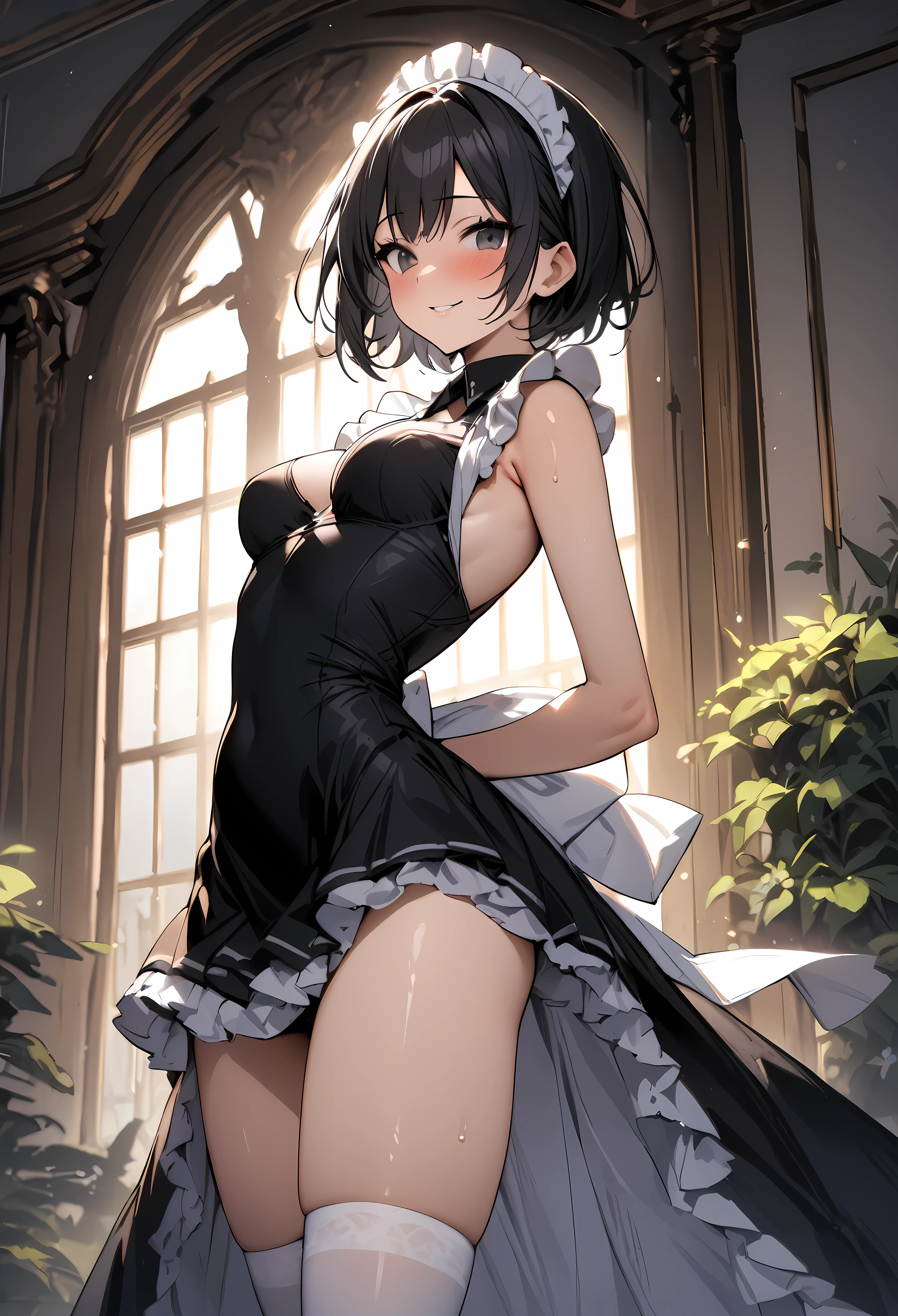 (((masterpiece, highest quality))),cowboy shot,20 year old beauty, solo,((very small head)),black hair,short hair,bangs,black eyes,blush,smile,medium breasts,((very long body,slender body)),skinny,gleaming skin,oily skin,(maid dress、French、mini skirt、white_thighhighs),Garden of the old mansion、Old big mansion、Natural light、