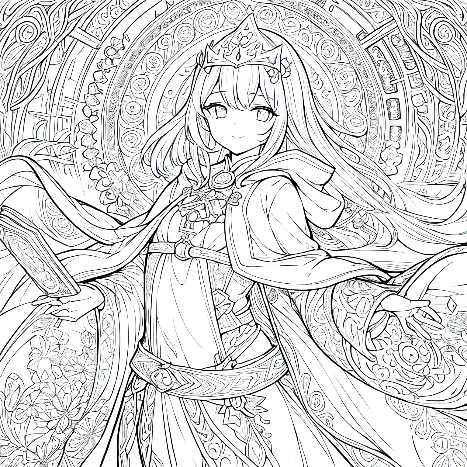 Create a coloring page with a white background and detailed floral designs. The outlines should be thick and easy to color within.,Line art background, background, Monochrome, Line art, ((sketch)),Highest quality,masterpiece,monochrome,Lineart,single color,Create a detailed coloring page,Girl、Big eyes、A long robe with wide sleeves and a hem、Large hood、Pointed hat、Mysterious Aura、A cloak decorated with a magic circle emblem、Amulet、pendant、A wand inlaid with gems and magical runes、book of magic、Magic Ring、Portion、belt、incantation、magic theory、Curious、High concentration、Calm、Theoretical、Calculating、mysterious、Elemental Magic、Powerful incantation、magic theory、Witch Hat,smile