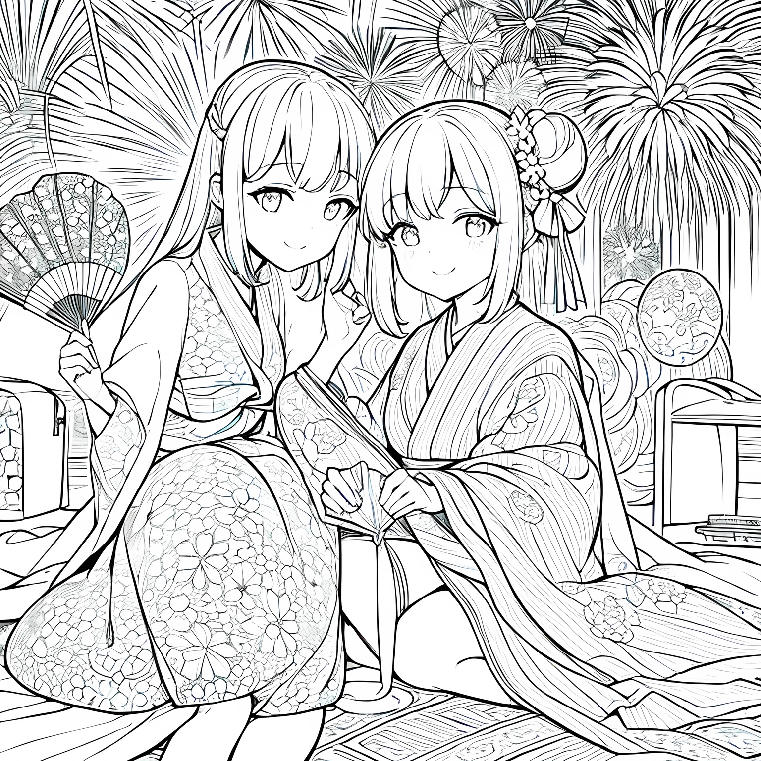 Create a coloring page with a white background depicting a picnic scene where people are watching fireworks. The scene should have distinct outlines and various elements like blankets, food, and fireworks,Create a coloring page with a white background and detailed floral designs. The outlines should be thick and easy to color within.,Line art background, background, Monochrome, Line art, ((sketch)),Highest quality,masterpiece,monochrome,Lineart,single color,Create a detailed coloring page,Girl、Big eyes、smile、yukata、Fan、firework、bun hairstyle,watching fireworks