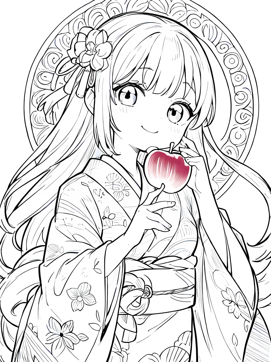 Create a coloring page with a white background showing a festival scene where a person is eating a candied apple. Ensure the person and the candied apple have well-defined, thick outlines.,Create a coloring page with a white background and detailed floral designs. The outlines should be thick and easy to color within.,Line art background, background, Monochrome, Line art, ((sketch)),Highest quality,masterpiece,monochrome,Lineart,single color,Create a detailed coloring page,Girl、Big eyes、smile,yukata