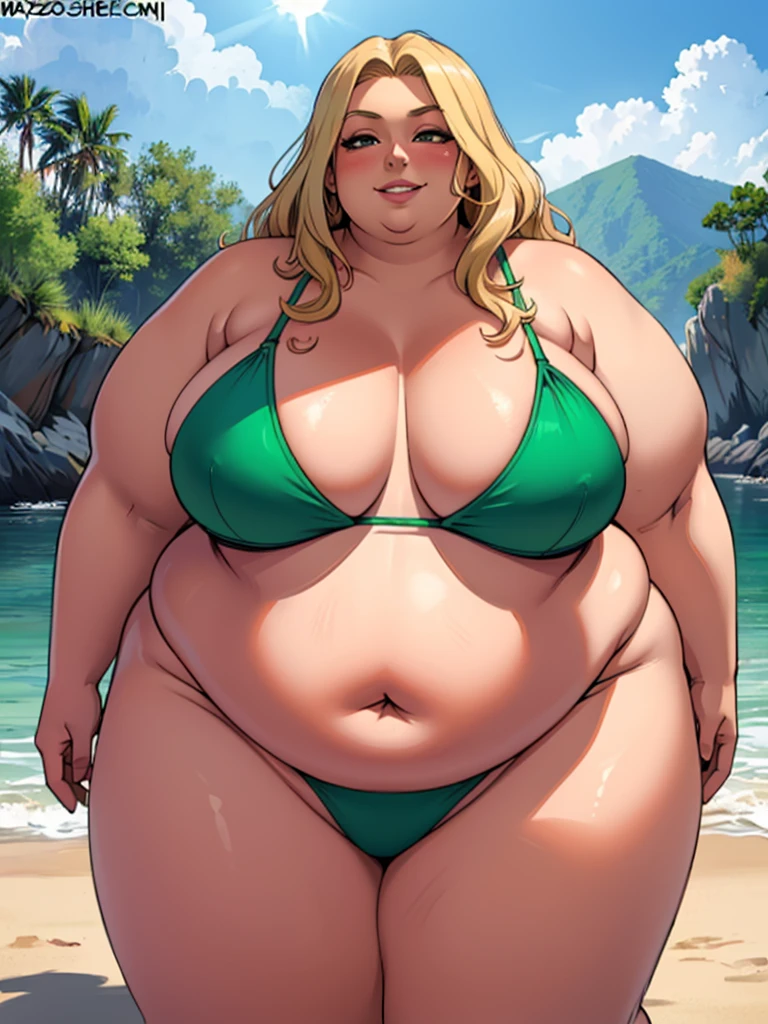 high_aesthetic,art by Lazorchef, ((Masterpiece, best quality, perfect lighting, amazing shading)), perfect anatomy, field of depth, extremely beautiful, long blonde hair, wavy hair, green bikini, cute smile, (((immobile))), (wide_hips), (cleavage), blushing, beach background, detailed background