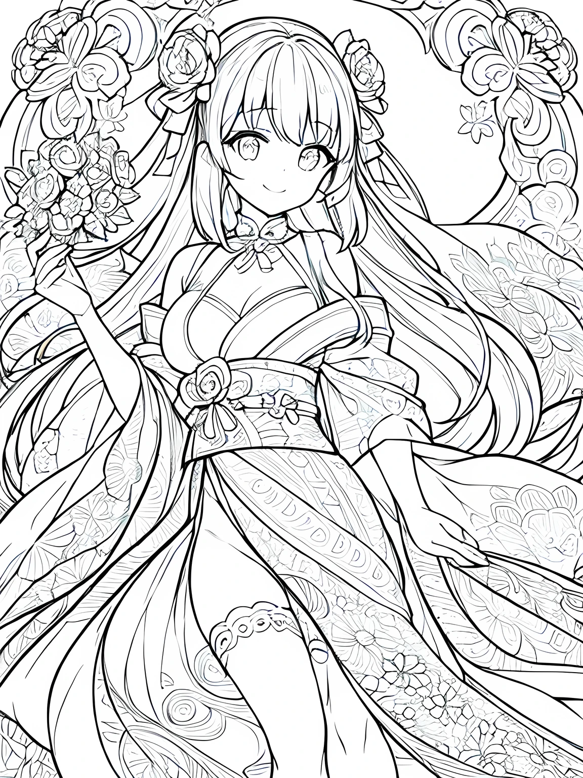 Create a coloring page with a white background showing a festival scene where a person is eating a candied apple. Ensure the person and the candied apple have well-defined, thick outlines.,Create a coloring page with a white background and detailed floral designs. The outlines should be thick and easy to color within.,Line art background, background, Monochrome, Line art, ((sketch)),Highest quality,masterpiece,monochrome,Lineart,single color,Create a detailed coloring page,Girl、Big eyes、smile,yukata