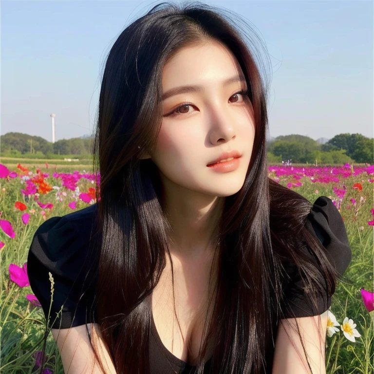 A long-haired woman wearing a black shirt poses in a field of flowers., beautiful south korean woman, beautiful young korean woman, gorgeous young korean woman, Chinese girl, Gorgeous Chinese model, Korean girl, beautiful asian girl, korean woman, Chinese woman, Xindong Chen, By Ni Thian, beautiful pictures, Si Han, Beautiful Asian woman, Jingna Zhang