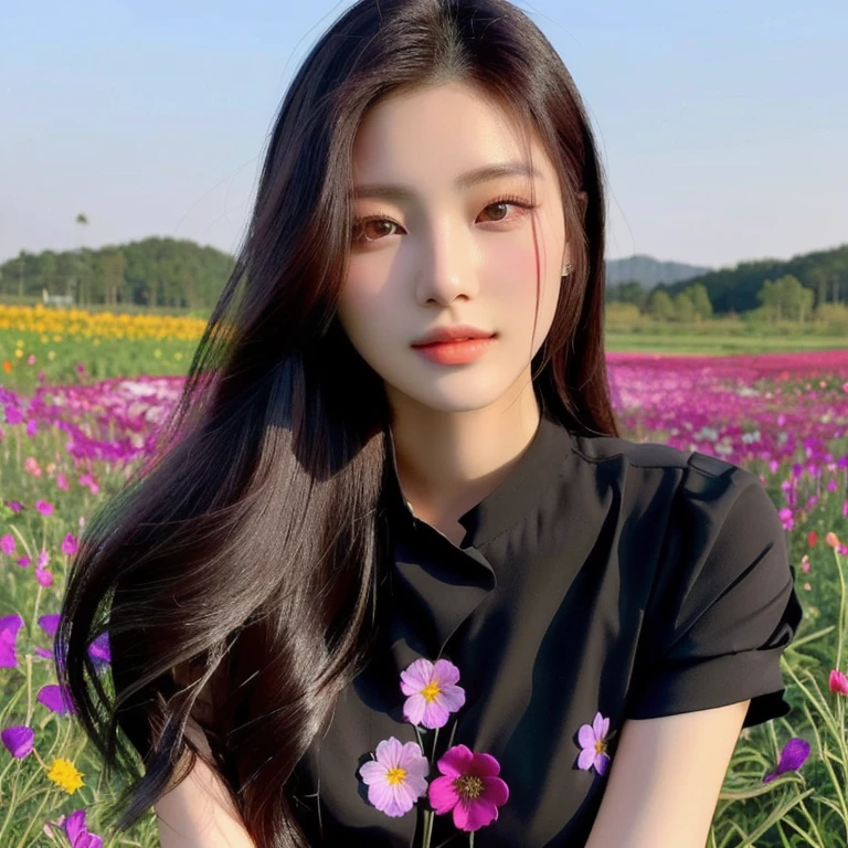 A long-haired woman wearing a black shirt poses in a field of flowers., beautiful south korean woman, beautiful young korean woman, gorgeous young korean woman, Chinese girl, Gorgeous Chinese model, Korean girl, beautiful asian girl, korean woman, Chinese woman, Xindong Chen, By Ni Thian, beautiful pictures, Si Han, Beautiful Asian woman, Jingna Zhang