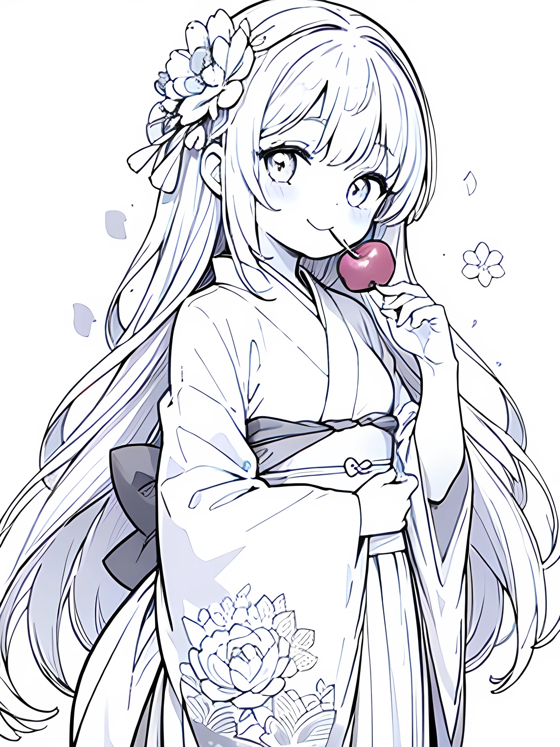 Create a coloring page with a white background showing a festival scene where a person is eating a candied apple. Ensure the person and the candied apple have well-defined, thick outlines.,Create a coloring page with a white background and detailed floral designs. The outlines should be thick and easy to color within.,Line art background, background, Monochrome, Line art, ((sketch)),Highest quality,masterpiece,monochrome,Lineart,single color,Create a detailed coloring page,Girl、Big eyes、smile,yukata