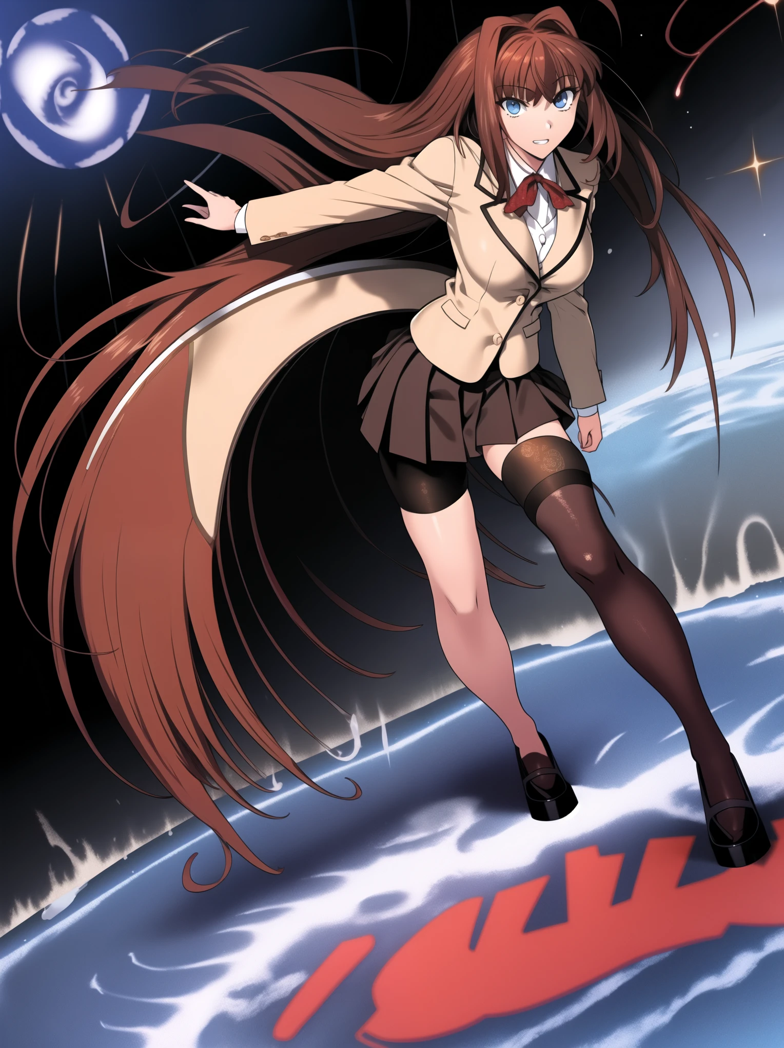 BREAK, centered. BREAK, (EMPTY BACKGROUND), BREAK (masterpiece:1), best quality, high resolution, 8k, illustration, (beautiful detailed eyes:1.5), extremely detailed face, extremely detailed body, CG, perfect hands, perfect anatomy, (((1girl))), ((solo)), ((bbaoko)), ((2 legs max)), ((2 feet max:1.6)), ((swirling vortex shaped longest brown hair:1.5)), (brown longest hair with slightly reddish undertone:1.6), (lush luscious longest brown hair:1.6), (very long voluminous longest brown hair:1.5), serious, blue eyes, red bowtie, (Form-fitting beige blazer:1.5), brown jacket, (highly detailed beautiful face:1.2), (white shirt:1), (well shaped large breasts:1.6), (nice hips:1), (((Umber pleated thigh-high skirt:1.6))), (((black bike shorts:1.4))), (toned thighs:1.6), (jetblack thighhighs:1.6), (strap shoes brown color), (facing front:1.5), ((standing straight:1.5)), ((Fullbody in frame:1.6)), ((Full body:1.5)), ((takeuchi takashi:1.3))