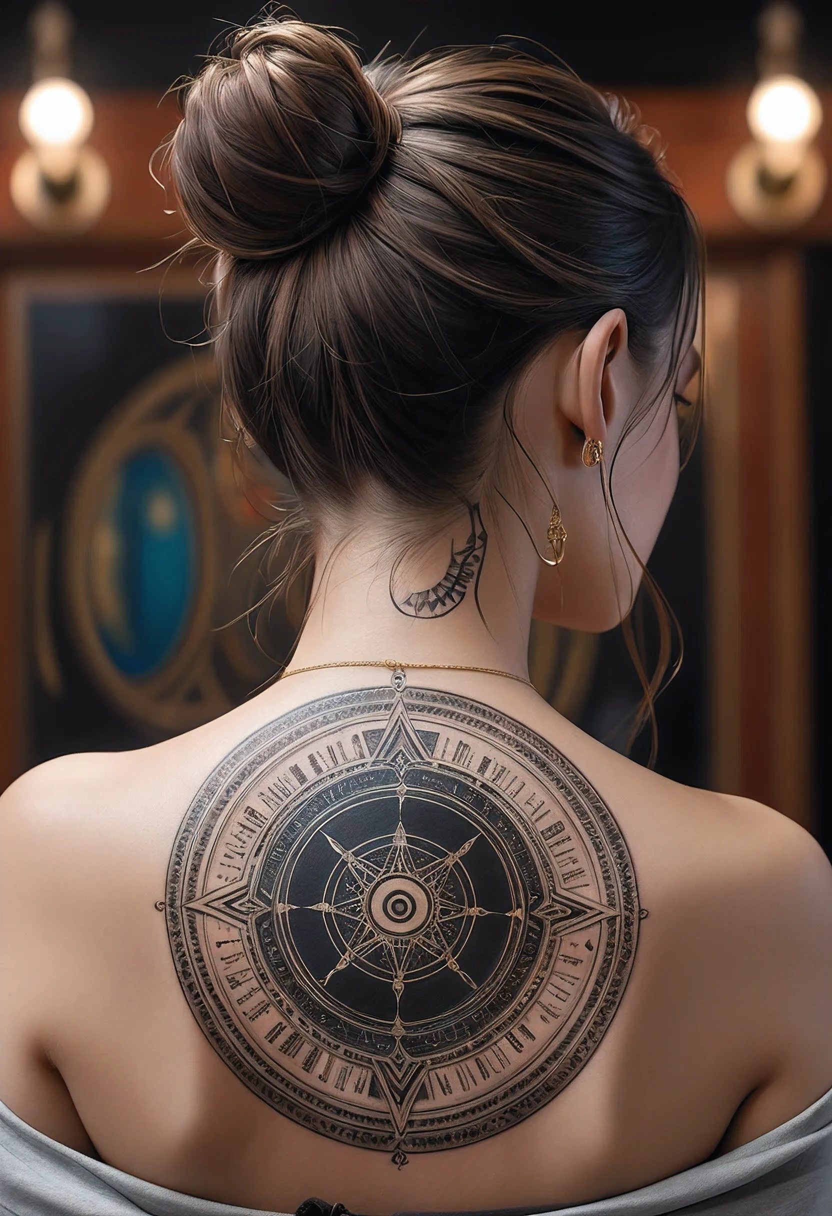 masterpiece, best quality, super fine image, perfect facial features, hyperrealistic, Back Tattoo, magic circle,