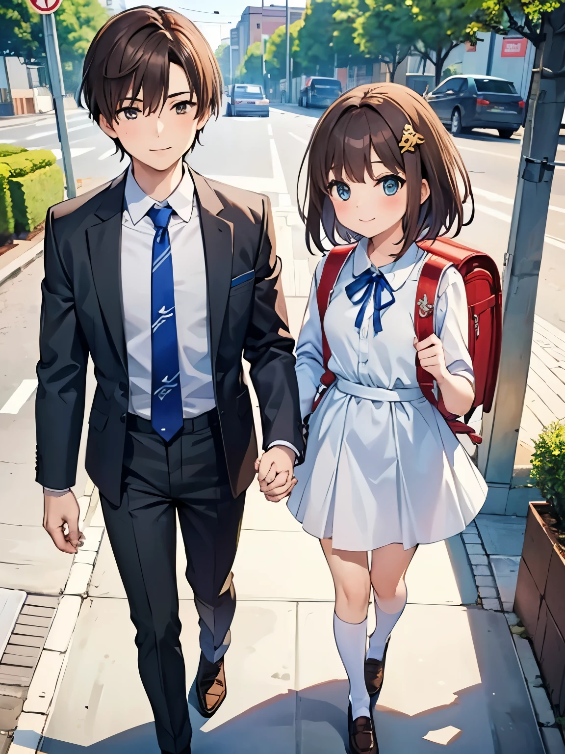 masterpiece, best quality, realistic, 2others, couple, 1man with 1woman, Height difference, happy, love, smile, 1 boy, highschool boy, brown hair, brown eyes,  white collared shirt, neck tie,blue trousers, wearing brown shoes, 1 girl, highschool girl,  blue eyes, brown hair, hair ornaments, medium hair, white dress, cute dress, neck ribbon, wearing school backpack, white socks, wearing brown shoes, street, holding hands, standing, fullbody, day, sunlight