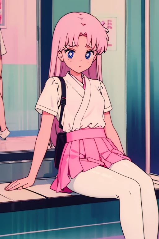 a cute japanese girl with smooth white skin, a slim body, small breasts, ocean blue eyes, and long coral pink hair wearing a white short sleeved shirt, a pink skirt, and pink thigh high leggings, sitting in a subway train, sleeping