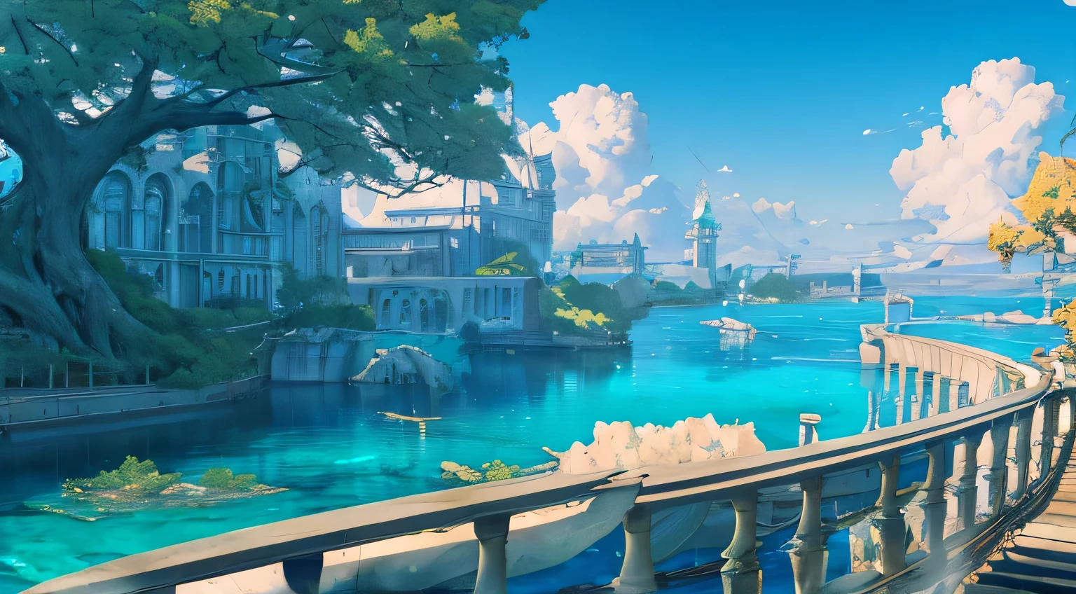 Masterpiece, high detail, 8K resolution, ConceptArt, scenery, water, sky, day, tree, cloud, nature, sea, ancient city of water, ancient waterway, ship harboring, blue sky, from above, Makoto Shinkai artstyle