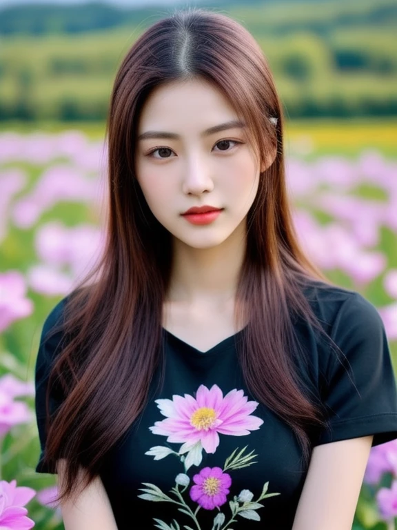 A long-haired woman wearing a black shirt poses in a field of flowers., beautiful south korean woman, beautiful young korean woman, gorgeous young korean woman, Chinese girl, Gorgeous Chinese model, Korean girl, beautiful asian girl, korean woman, Chinese woman, Xindong Chen, By Ni Thian, beautiful pictures, Si Han, Beautiful Asian woman, Jingna Zhang