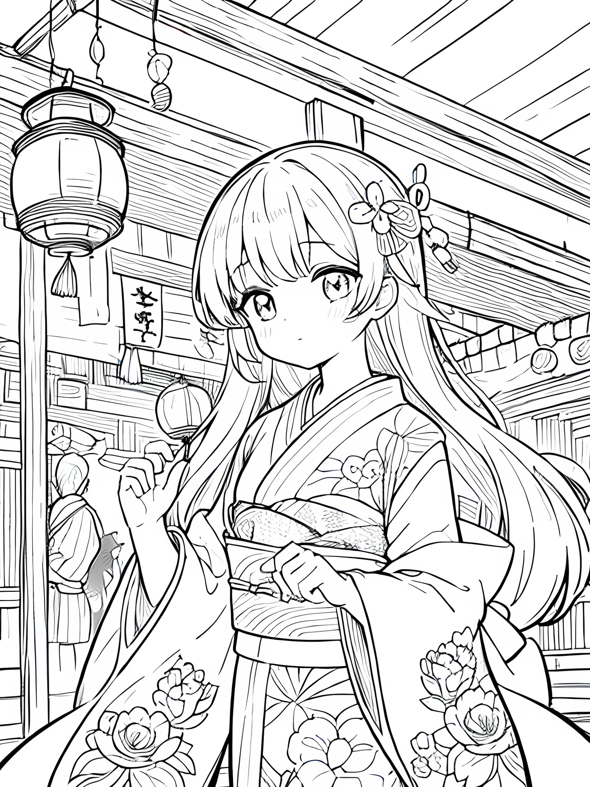 Create a coloring page with a white background showing a Japanese festival at night with fireworks in the sky and lanterns hanging around. The scene should have distinct outlines of people, stalls, and decorations, suitable for coloring.Create a coloring page with a white background and detailed floral designs. The outlines should be thick and easy to color within.,Line art background, background, Monochrome, Line art, ((sketch)),Highest quality,masterpiece,monochrome,Lineart,single color,Create a detailed coloring page,Girl、Big eyes、yukata、Lantern,Generate a coloring page with a white background depicting a nighttime Japanese festival where people are playing a yo-yo fishing game. Include elements like lanterns, festival stalls, and the yo-yo fishing pool, all with clear and bold outlines.Generate a coloring page with a white background depicting a Japanese festival scene where a person is holding a yo-yo. Include elements like festival stalls, lanterns, and other decorations, with clear and bold outlines