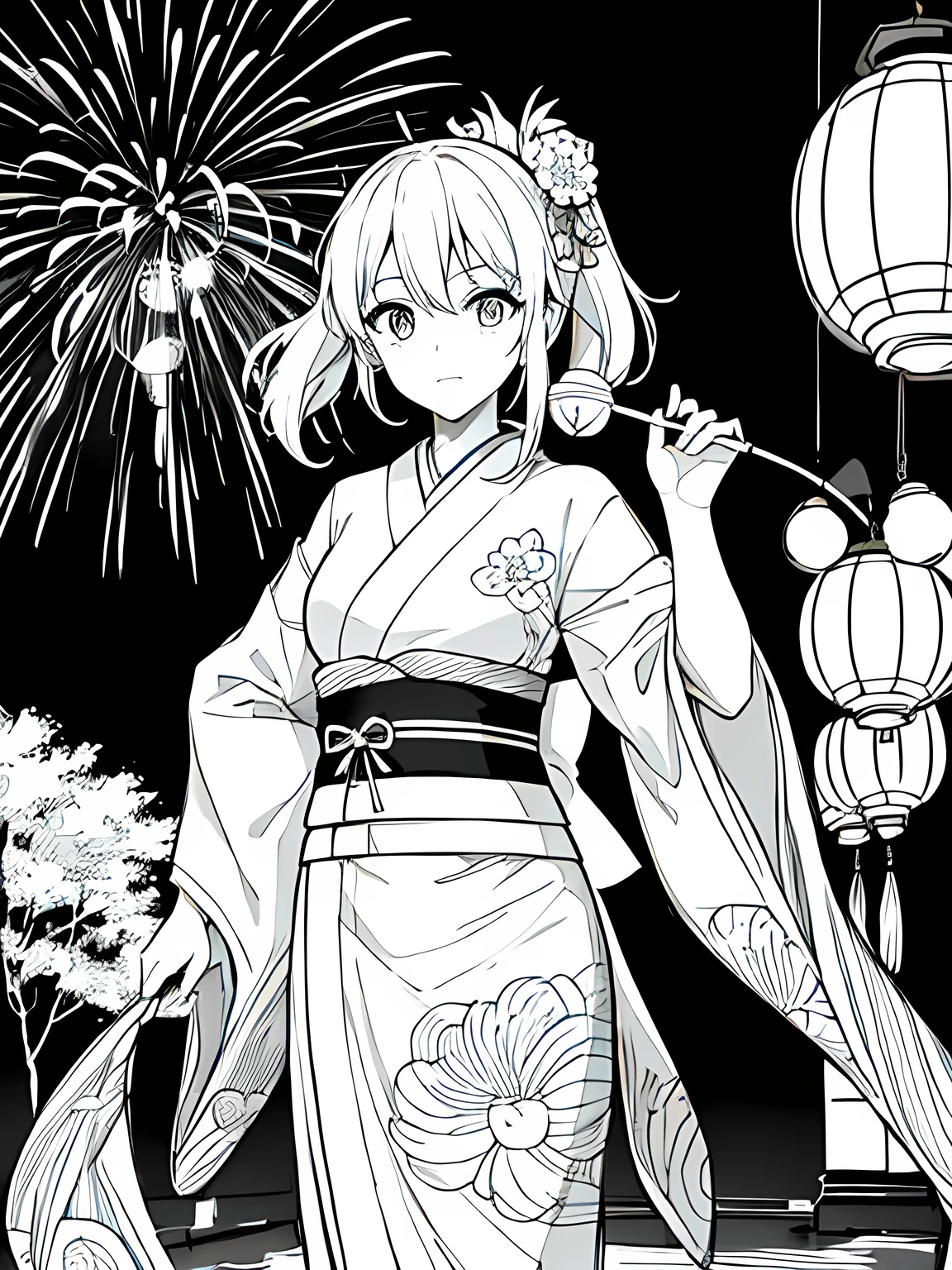 Create a coloring page with a white background showing a Japanese festival at night with fireworks in the sky and lanterns hanging around. The scene should have distinct outlines of people, stalls, and decorations, suitable for coloring.Create a coloring page with a white background and detailed floral designs. The outlines should be thick and easy to color within.,Line art background, background, Monochrome, Line art, ((sketch)),Highest quality,masterpiece,monochrome,Lineart,single color,Create a detailed coloring page,Girl、Big eyes、yukata、Lantern,Generate a coloring page with a white background depicting a nighttime Japanese festival where people are playing a yo-yo fishing game. Include elements like lanterns, festival stalls, and the yo-yo fishing pool, all with clear and bold outlines.Generate a coloring page with a white background depicting a Japanese festival scene where a person is holding a yo-yo. Include elements like festival stalls, lanterns, and other decorations, with clear and bold outlines