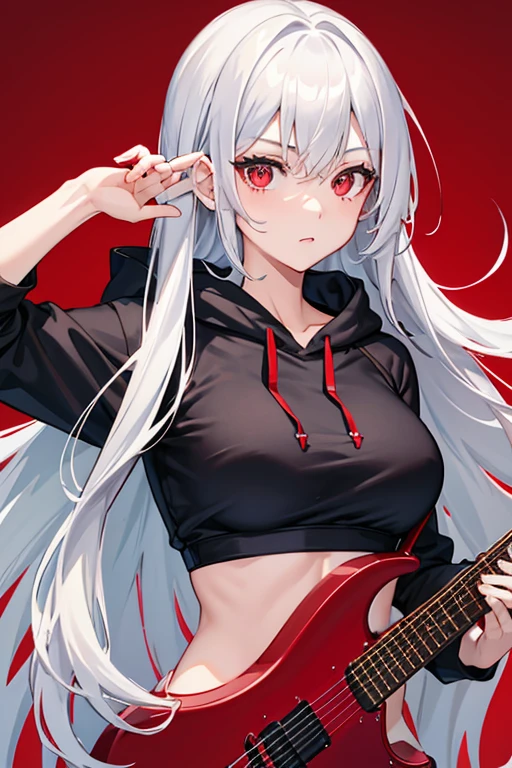background through, long hair、 straight hair、 silver hair girl, red eyes、 Super high quality, 8K、Upper body、 Red background、 Band vocals, ((black hoodie))、 Red Electric Guitar、 ((big tits)), Young face