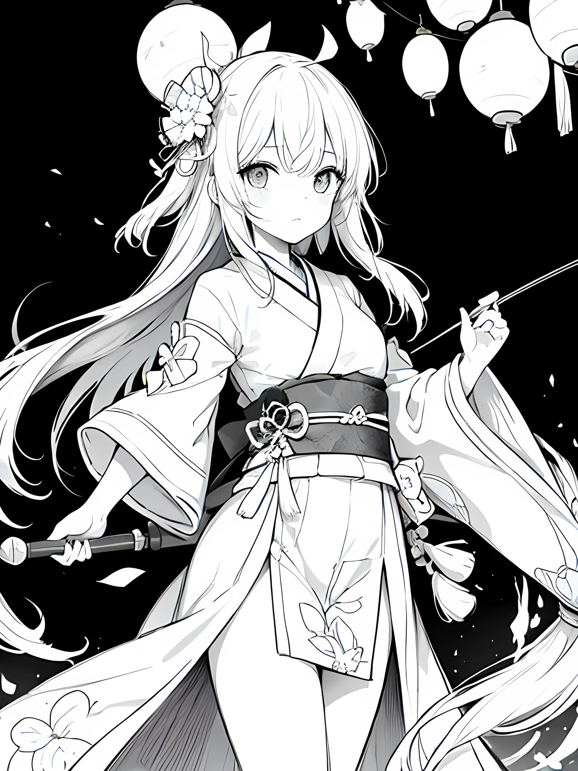 Create a coloring page with a white background showing a Japanese festival at night with fireworks in the sky and lanterns hanging around. The scene should have distinct outlines of people, stalls, and decorations, suitable for coloring.Create a coloring page with a white background and detailed floral designs. The outlines should be thick and easy to color within.,Line art background, background, Monochrome, Line art, ((sketch)),Highest quality,masterpiece,monochrome,Lineart,single color,Create a detailed coloring page,Girl、Big eyes、yukata、Lantern,Generate a coloring page with a white background depicting a nighttime Japanese festival where people are playing a yo-yo fishing game. Include elements like lanterns, festival stalls, and the yo-yo fishing pool, all with clear and bold outlines.Generate a coloring page with a white background depicting a Japanese festival scene where a person is holding a yo-yo. Include elements like festival stalls, lanterns, and other decorations, with clear and bold outlines