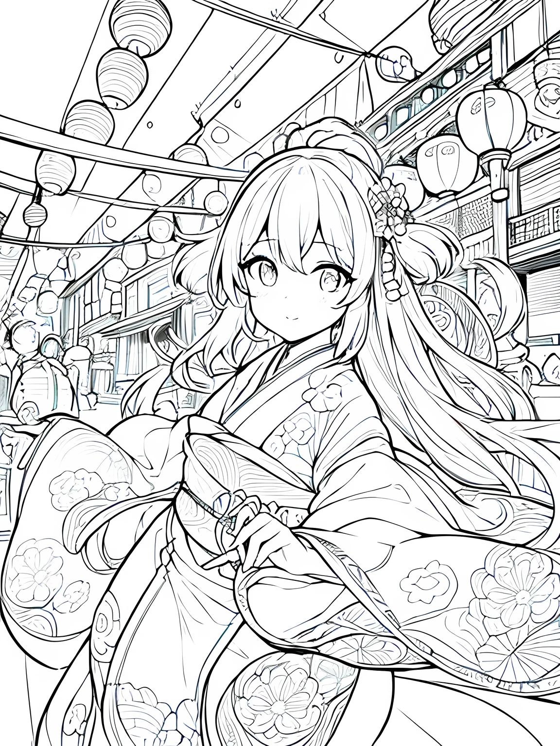Create a coloring page with a white background showing a Japanese festival at night with fireworks in the sky and lanterns hanging around. The scene should have distinct outlines of people, stalls, and decorations, suitable for coloring.Create a coloring page with a white background and detailed floral designs. The outlines should be thick and easy to color within.,Line art background, background, Monochrome, Line art, ((sketch)),Highest quality,masterpiece,monochrome,Lineart,single color,Create a detailed coloring page,Girl、Big eyes、yukata、Lantern,Generate a coloring page with a white background depicting a nighttime Japanese festival where people are playing a yo-yo fishing game. Include elements like lanterns, festival stalls, and the yo-yo fishing pool, all with clear and bold outlines.Generate a coloring page with a white background depicting a Japanese festival scene where a person is holding a yo-yo. Include elements like festival stalls, lanterns, and other decorations, with clear and bold outlines