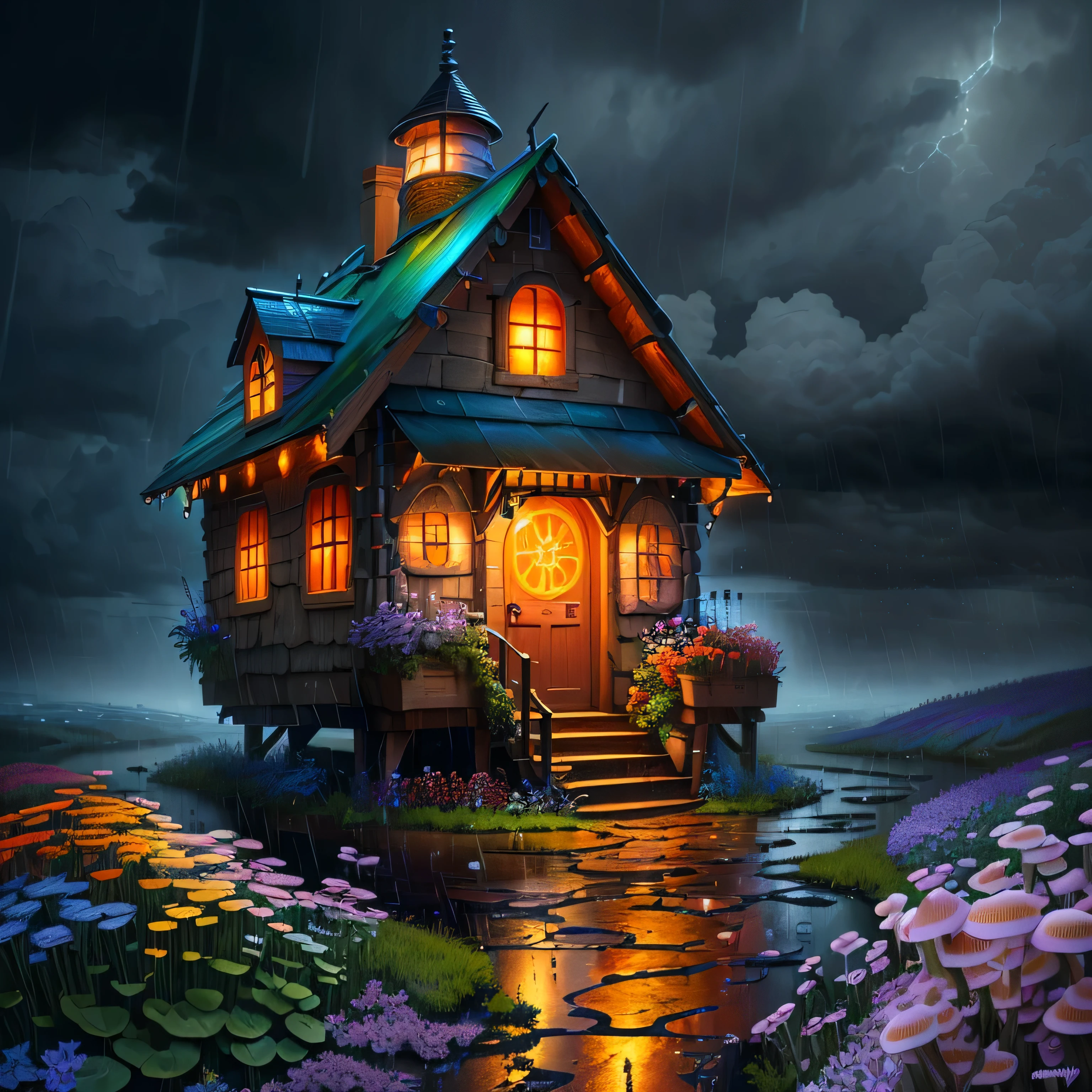 (Swirling clouds and colorful flowers), (Wild Firefly Fantasy Mushroom House), (Midnight), (Unusual), (Mysterious)、rain、rain、rain、 dream-like, Disney, paint:Thomas Kinkade, Art Station, Sharp focus, Inspiring 8k wallpapers,