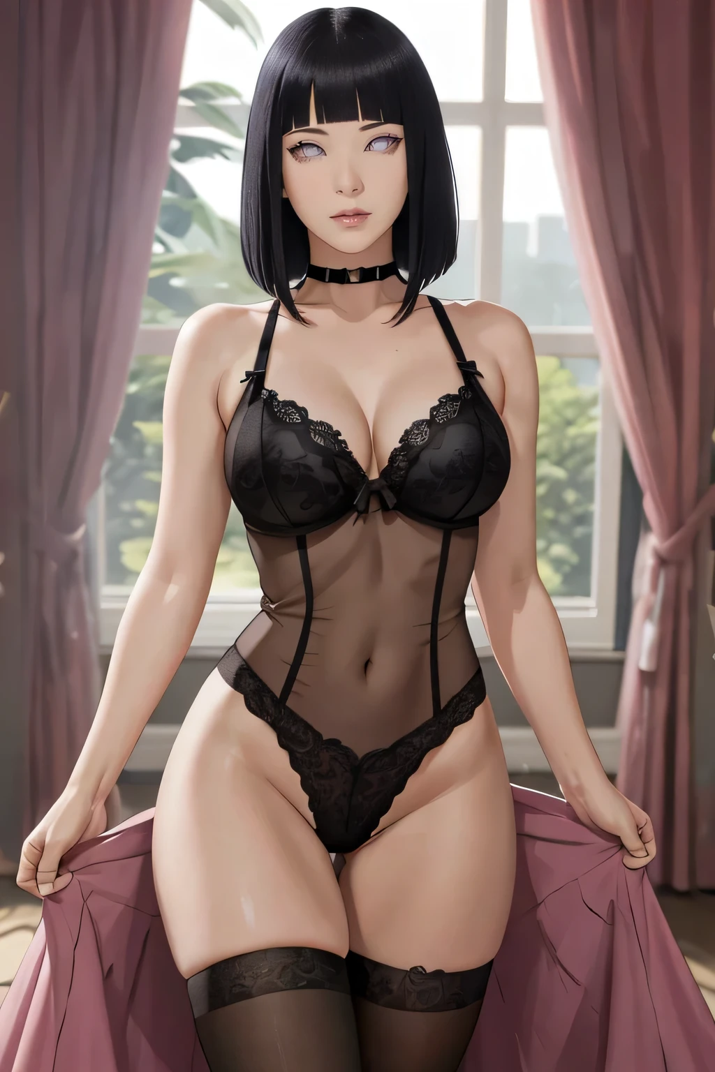masterpiece, absurdres, hinata\(boruto\), 1girl, solo,mature female, dark fine one piece lingerie, dark, looking at viewelling petals), perfect composition, detailed lips, breast, beautiful face, body propotion, blush, (pink lips), long hair, purple eyes, soft gaze, super realistic, detailed, photoshoot, realistic face and body, thighhighs