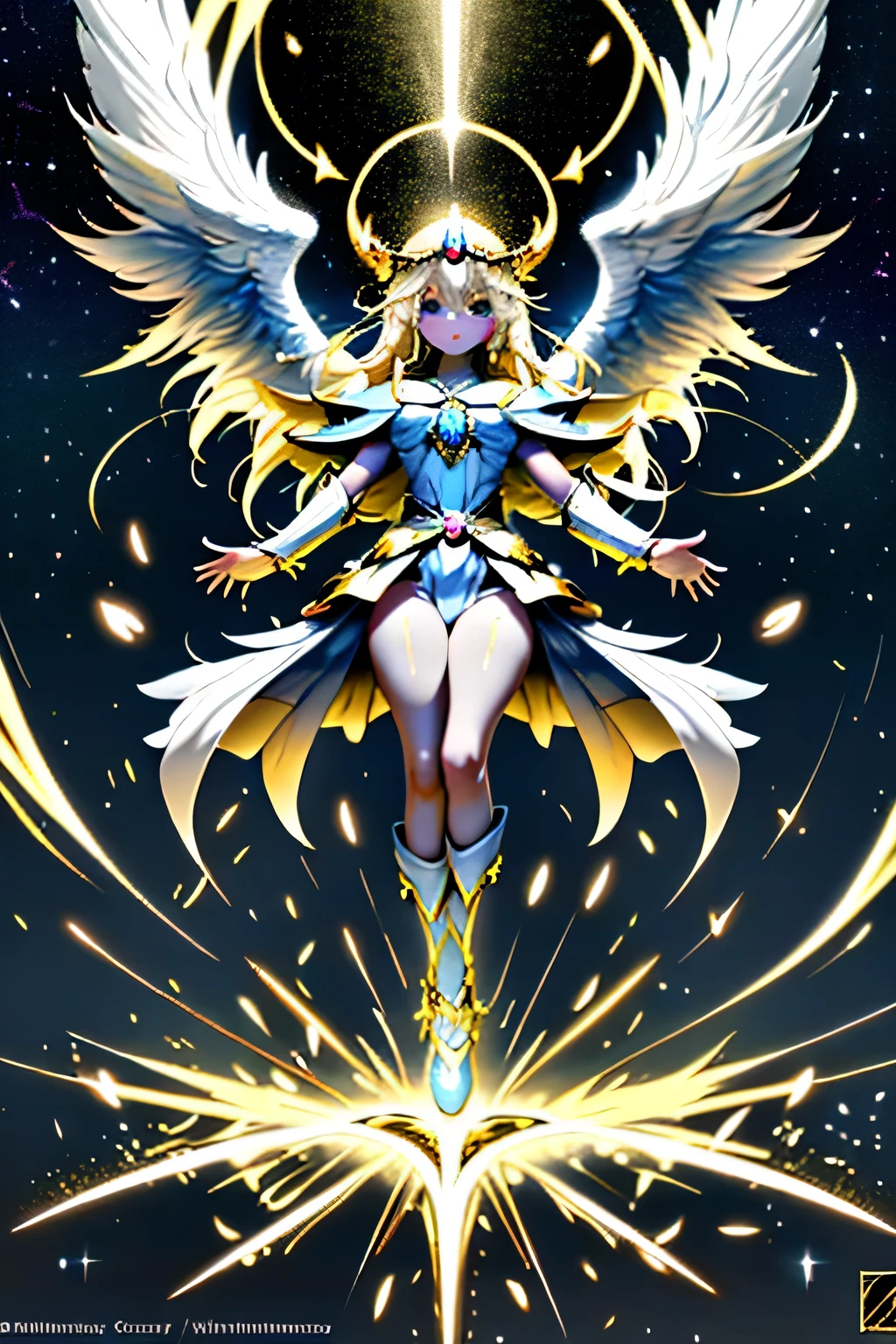 Obra maestra, (La mejor calidad:1.2), [:Detalles intrincados:0.2], 1girl, senos grandes, angel, angel wings, Volantes blancos, (cielo diurno), Aura brillante, intense concentration, crackling energy, mysterious symbols, motas brillantes,