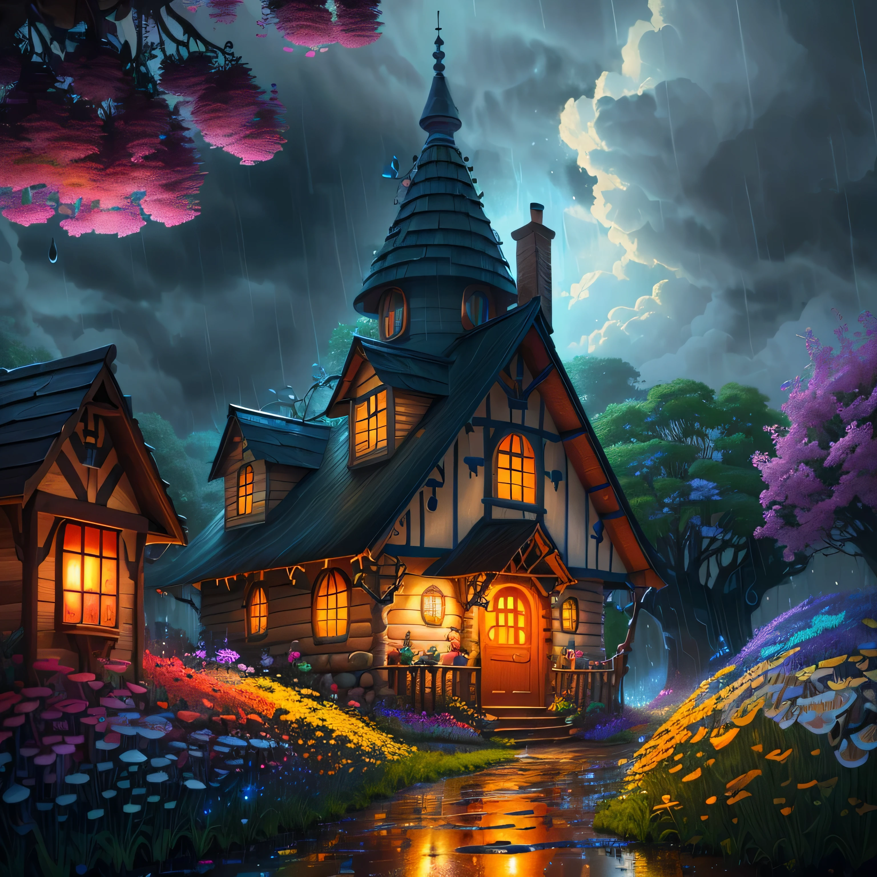 (Swirling clouds and colorful flowers), (Wild Firefly Fantasy Mushroom House), (Midnight), (Unusual), (Mysterious)、rain、rain、rain、 dream-like, Disney, paint:Thomas Kinkade, Art Station, Sharp focus, Inspiring 8k wallpapers,