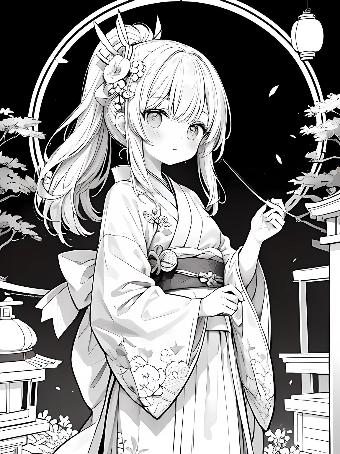 Create a coloring page with a white background showing a Japanese festival at night with fireworks in the sky and lanterns hanging around. The scene should have distinct outlines of people, stalls, and decorations, suitable for coloring.Create a coloring page with a white background and detailed floral designs. The outlines should be thick and easy to color within.,Line art background, background, Monochrome, Line art, ((sketch)),Highest quality,masterpiece,monochrome,Lineart,single color,Create a detailed coloring page,Girl、Big eyes、yukata、Lantern,Generate a coloring page with a white background depicting a nighttime Japanese festival where people are playing a yo-yo fishing game. Include elements like lanterns, festival stalls, and the yo-yo fishing pool, all with clear and bold outlines.Generate a coloring page with a white background depicting a Japanese festival scene where a person is holding a yo-yo. Include elements like festival stalls, lanterns, and other decorations, with clear and bold outlines