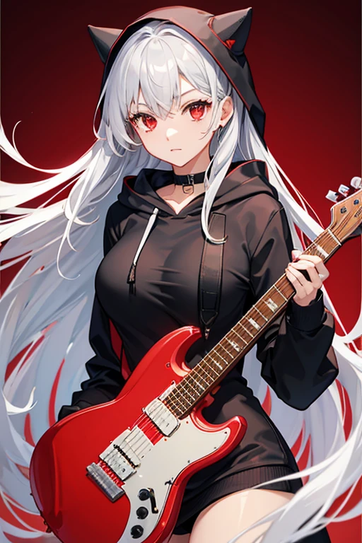 background through, long hair、 straight hair、 silver hair girl, red eyes、 Super high quality, 8K、Upper body、 Red background、 Band vocals, ((black hoodie))、 Red Electric Guitar、 ((big tits)), Young face